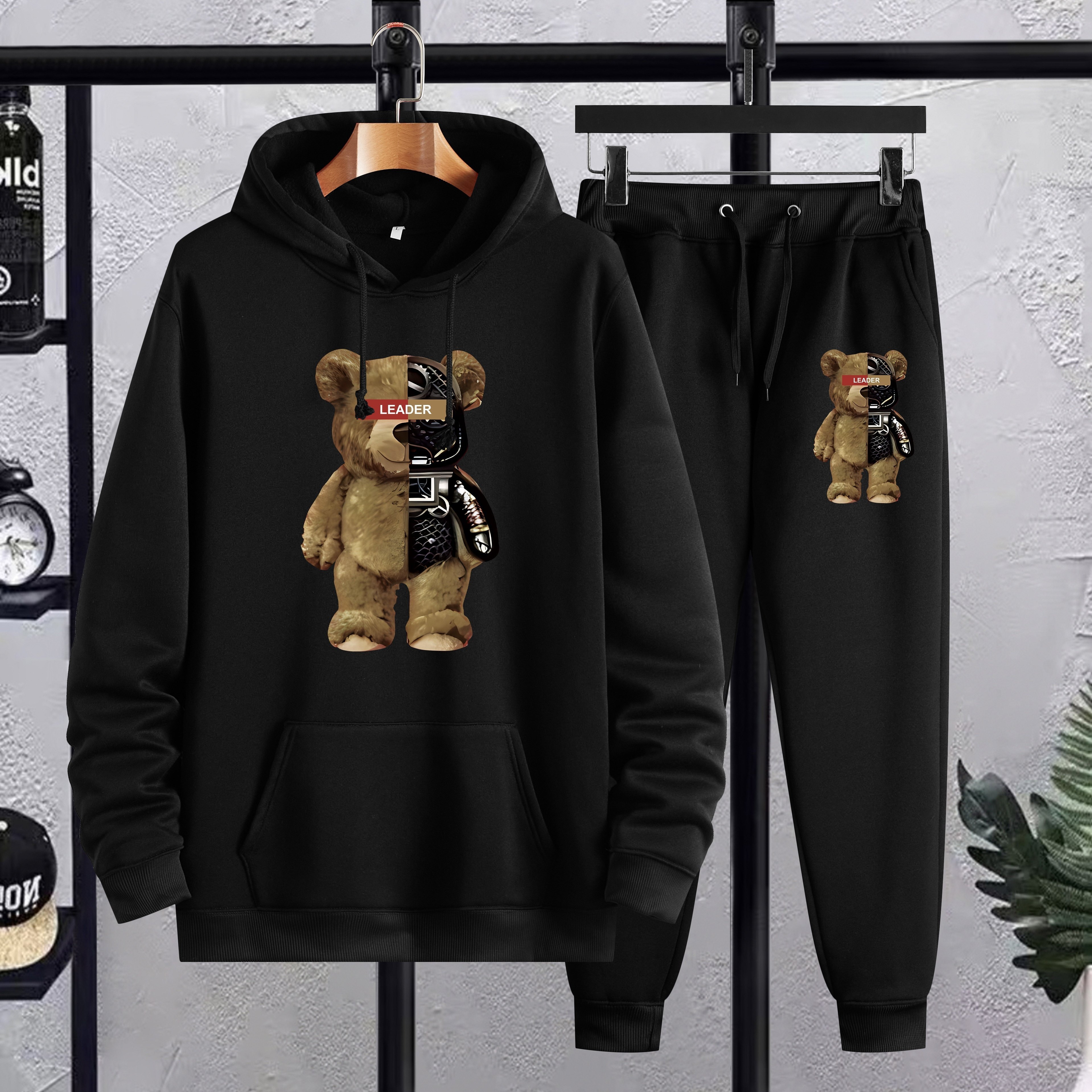 Fashion Bear Print Men's 2 Pieces Outfits, Men's Drawstring Pocket Hoodie And Sports Trousers, Men's Casual Wear For Spring And Autumn
Fashion Bear Print Men's 2 Pieces Outfits, Men's Drawstring Pocket Hoodie And Sports Trousers, Men's Casual Wear For Spring And Autumn