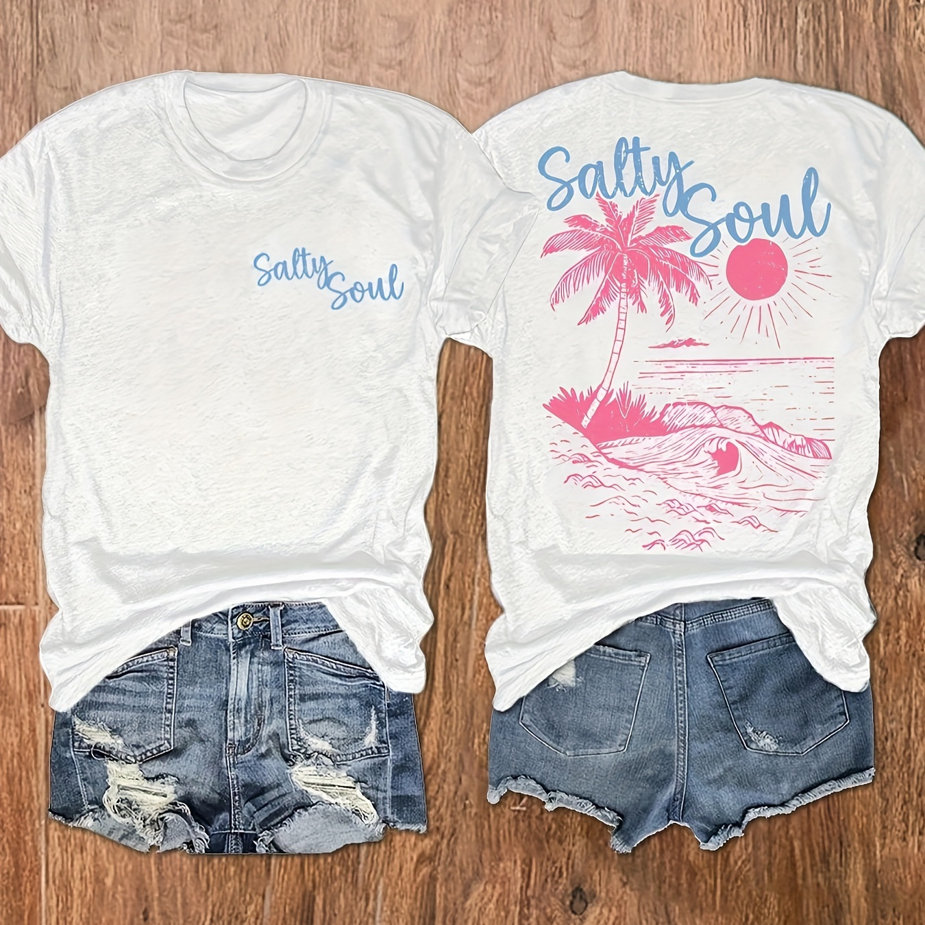 Letter & Beach Printed Round Neck T-shirt, Casual Vacation Women's Short Sleeve Top, Ladies' Apparel.
Letter & Beach Printed Round Neck T-shirt, Casual Vacation Women's Short Sleeve Top, Ladies' Apparel.