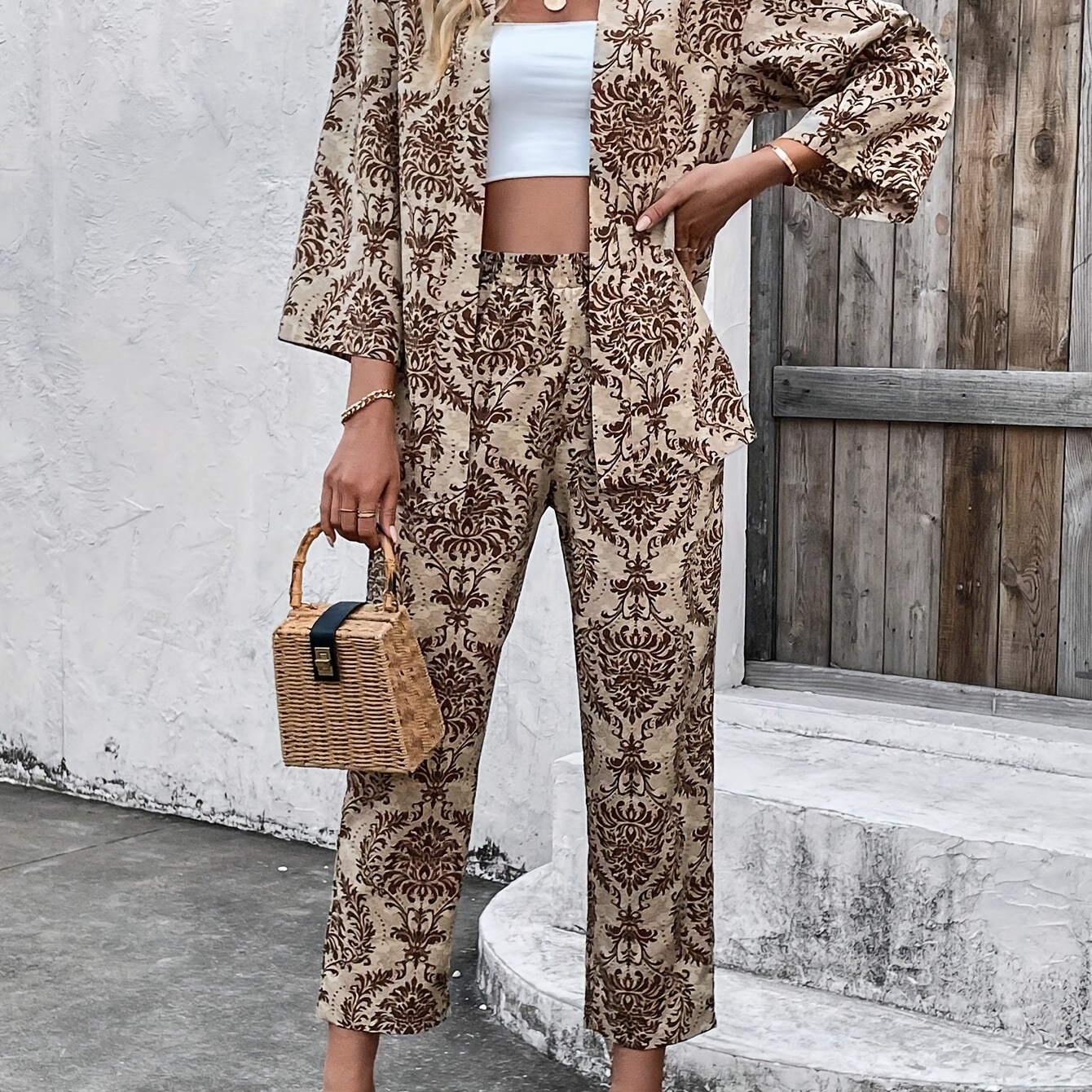 Floral Print Elegant Pantsuits, Open Front Long Sleeve Top & Elastic High Waist Pants Outfits, Women's Clothing 
Floral Print Elegant Pantsuits, Open Front Long Sleeve Top & Elastic High Waist Pants Outfits, Women's Clothing
