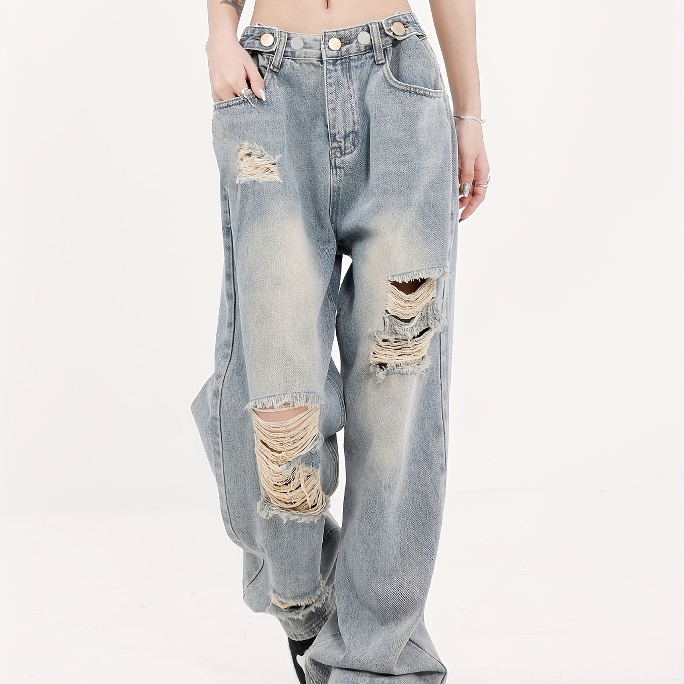 Jean droit ample bleu, pantalon en denim déchiré et délavé avec des trous, style baggy non extensible, vêtements en jean pour femmes
Jean droit ample bleu, pantalon en denim déchiré et délavé avec des trous, style baggy non extensible, vêtements en jean pour femmes