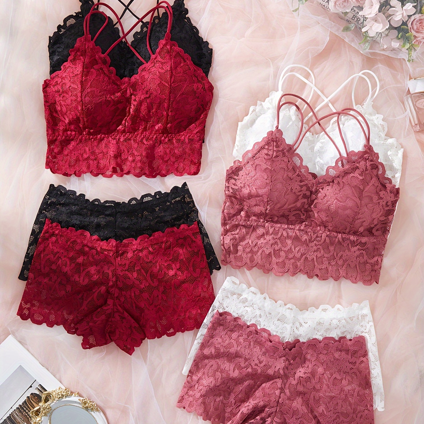4-pack Lace Lingerie Set For Women - Sexy Solid Color No-underwire Bralette And Mid-rise Boyshorts, Knit Fabric, Adult Female
4-pack Lace Lingerie Set For Women - Sexy Solid Color No-underwire Bralette And Mid-rise Boyshorts, Knit Fabric, Adult Female