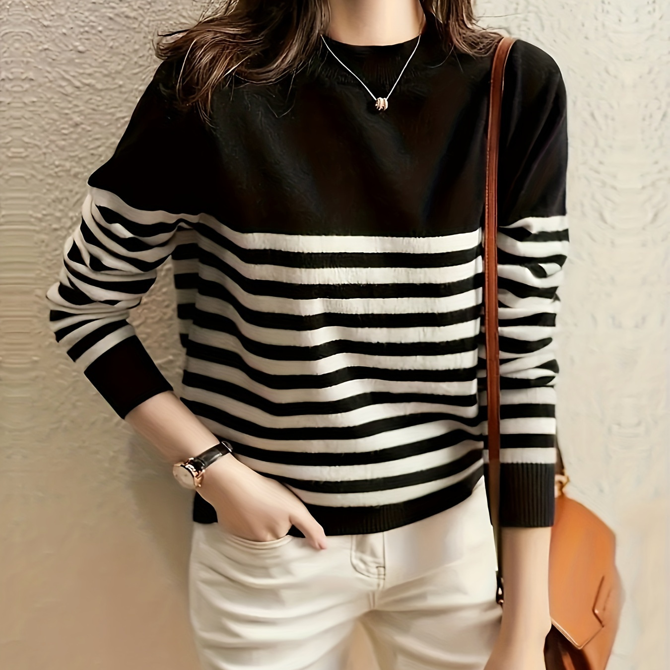 Striped Crew Neck Sweater, Elegant Long Sleeve Pullover Sweater For Fall & Winter, Women's Clothing
Striped Crew Neck Sweater, Elegant Long Sleeve Pullover Sweater For Fall & Winter, Women's Clothing