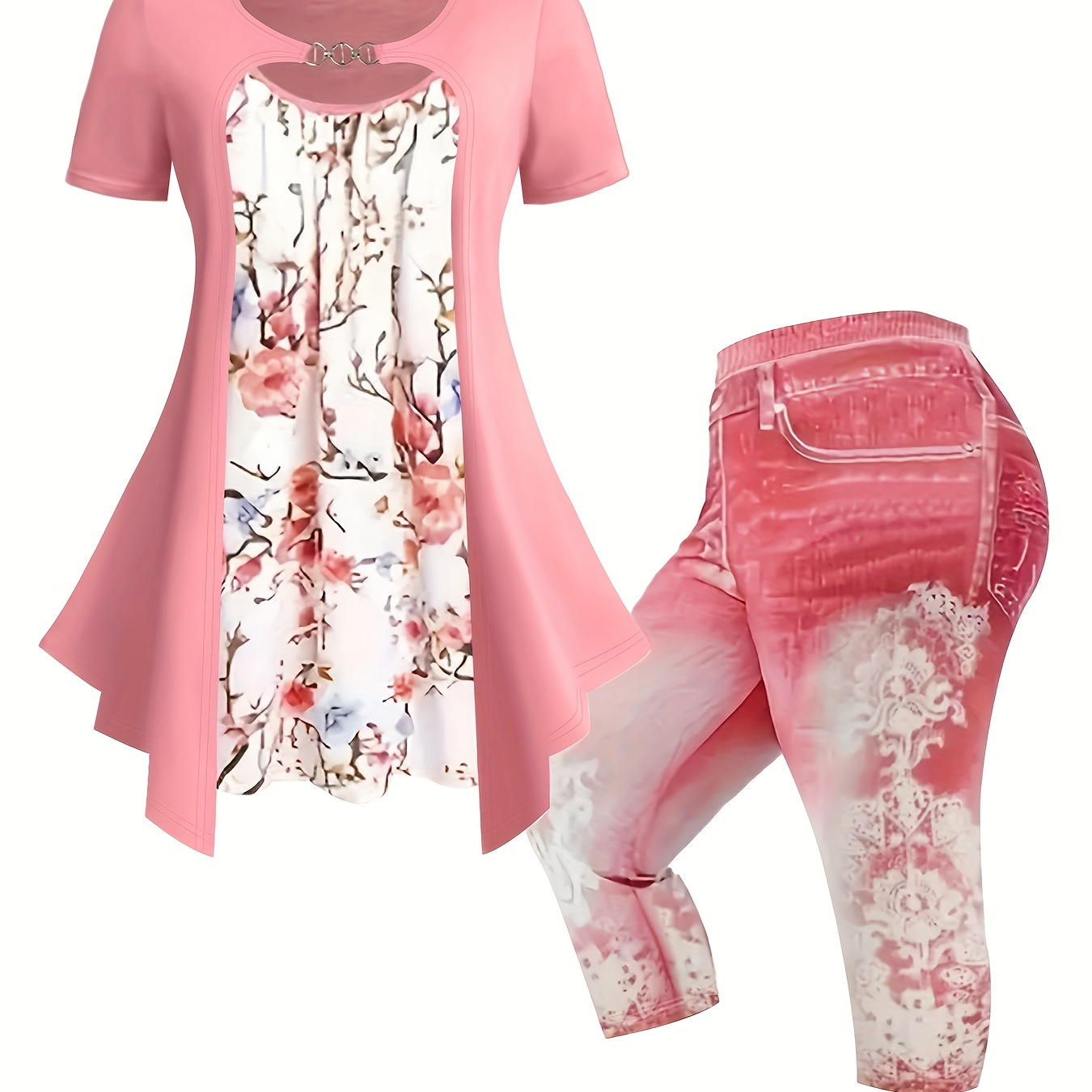 Plus Size Floral Print Two-piece Set, Cut Out Short Sleeve Top & Capris Pants Outfits, Women's Plus Size clothing
Plus Size Floral Print Two-piece Set, Cut Out Short Sleeve Top & Capris Pants Outfits, Women's Plus Size clothing
