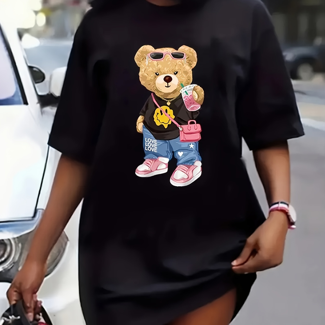 Plus Size Bear Print Loose Dress, Casual Short Sleeve Dress For Spring & Summer, Women's Plus Size Clothing
Plus Size Bear Print Loose Dress, Casual Short Sleeve Dress For Spring & Summer, Women's Plus Size Clothing