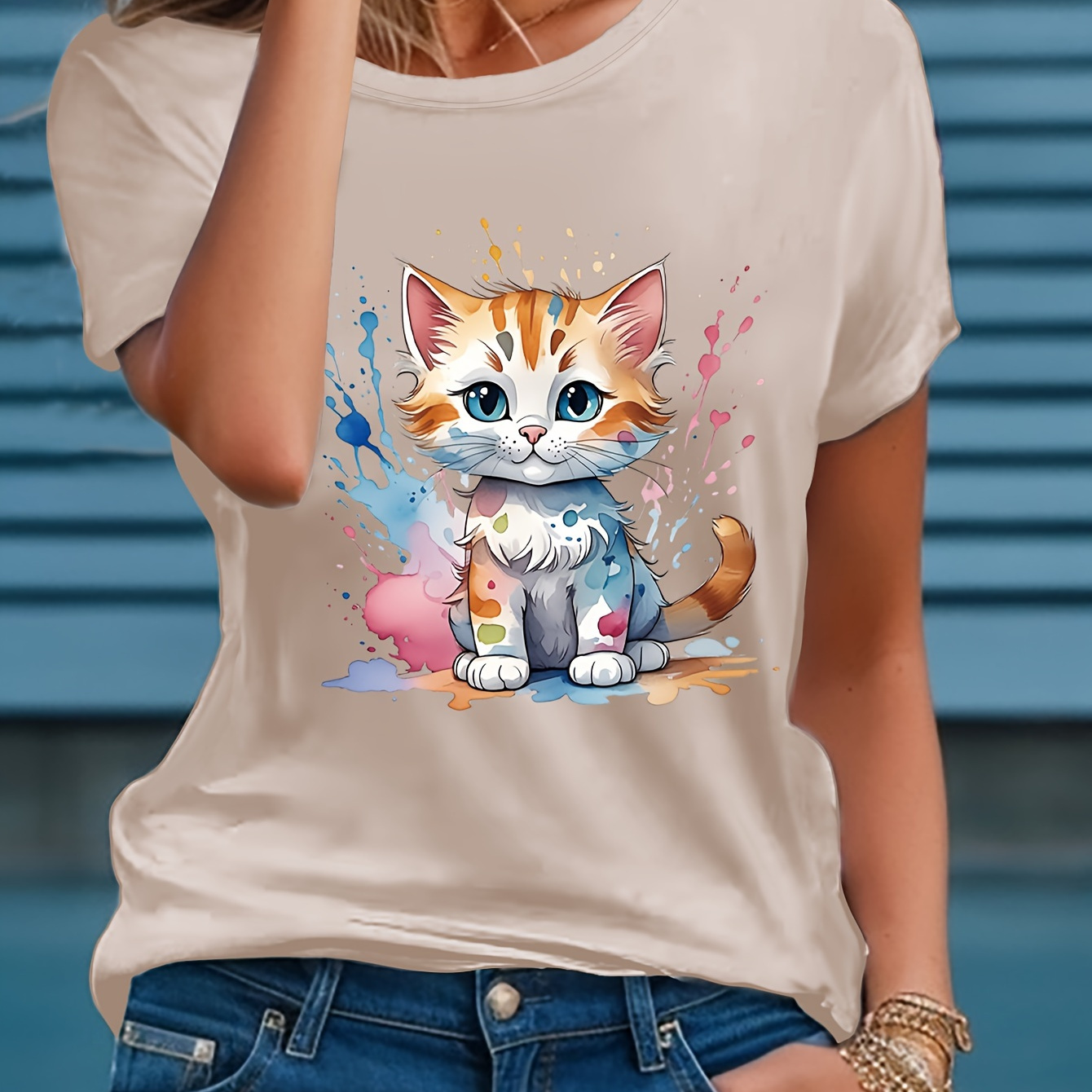 Cartoon Cat Print T-shirt, Casual Short Sleeve Crew Neck Top For Spring & Summer, Women's Clothing
Cartoon Cat Print T-shirt, Casual Short Sleeve Crew Neck Top For Spring & Summer, Women's Clothing