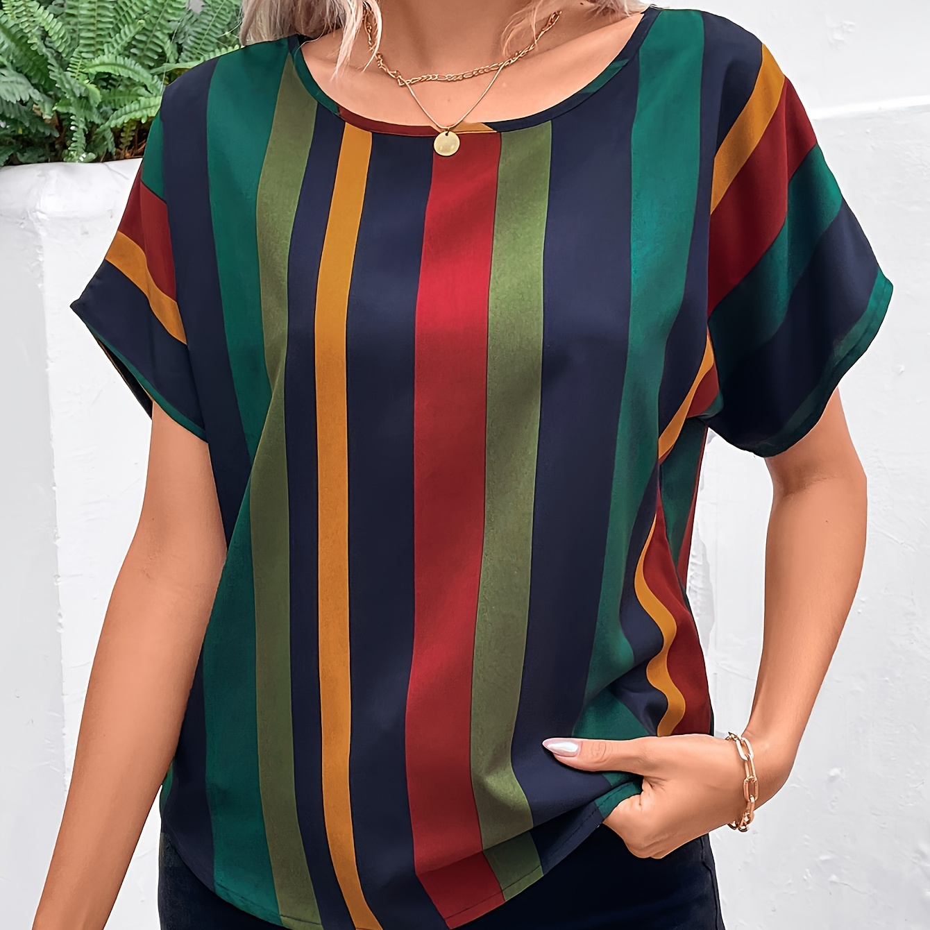 Striped Print Crew Neck Blouse, Casual Short Sleeve Blouse For Spring & Summer, Women's Clothing
Striped Print Crew Neck Blouse, Casual Short Sleeve Blouse For Spring & Summer, Women's Clothing
