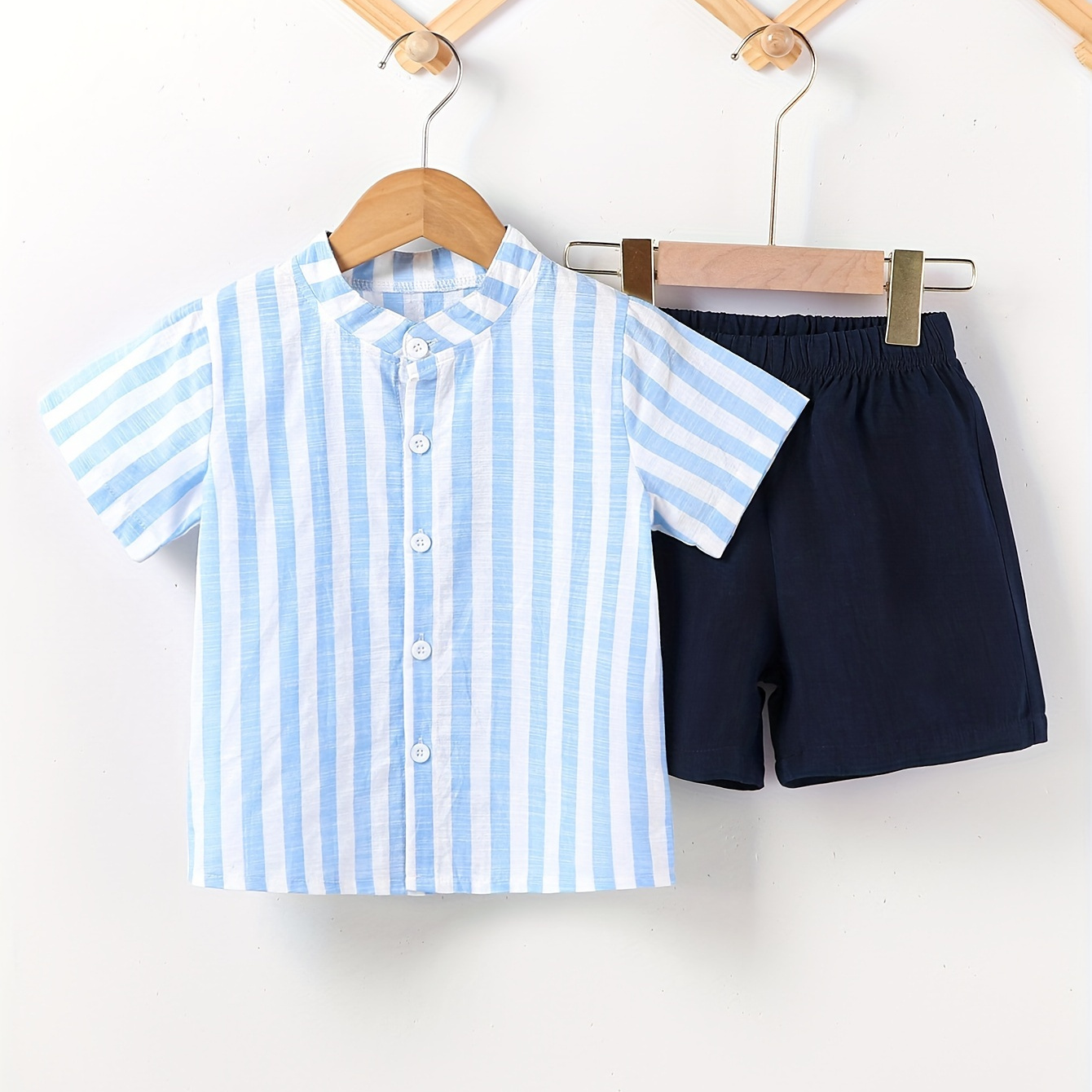 Baby Boys' 2-piece Cotton Outfit Set, Casual Striped Short Sleeve Shirt And Solid Navy Shorts Outfit For Toddlers And Kids
Baby Boys' 2-piece Cotton Outfit Set, Casual Striped Short Sleeve Shirt And Solid Navy Shorts Outfit For Toddlers And Kids