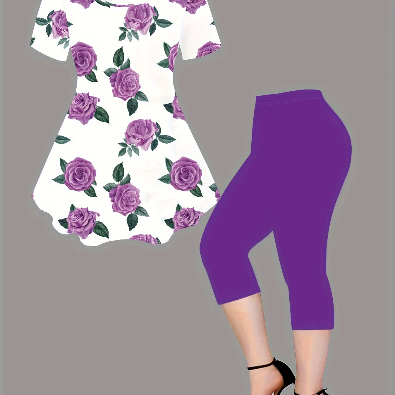 Casual Floral Print Two-piece, Crew Neck Short Sleeve T-shirt & Skinny Capris Leggings, Women's Clothing
Casual Floral Print Two-piece, Crew Neck Short Sleeve T-shirt & Skinny Capris Leggings, Women's Clothing
