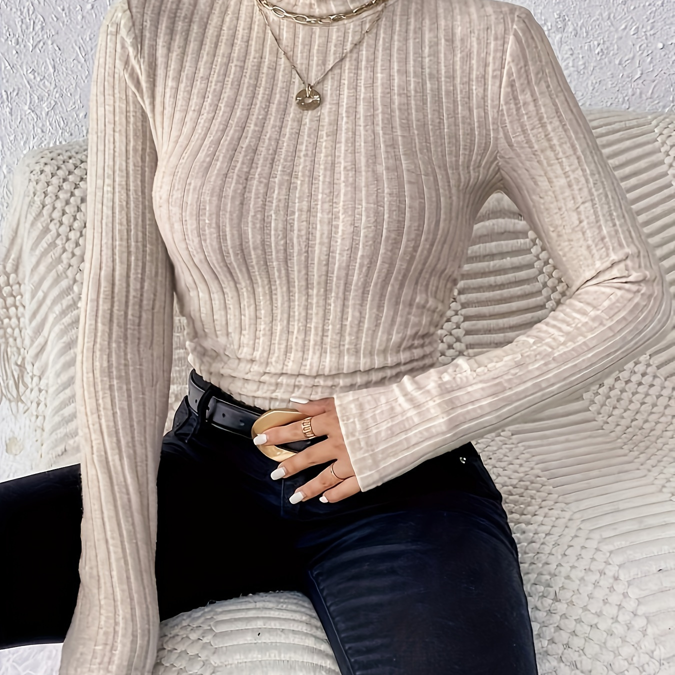 Ribbed Turtle Neck T-shirt, Casual Long Sleeve T-shirt For Fall & Winter, Women's Clothing
Ribbed Turtle Neck T-shirt, Casual Long Sleeve T-shirt For Fall & Winter, Women's Clothing