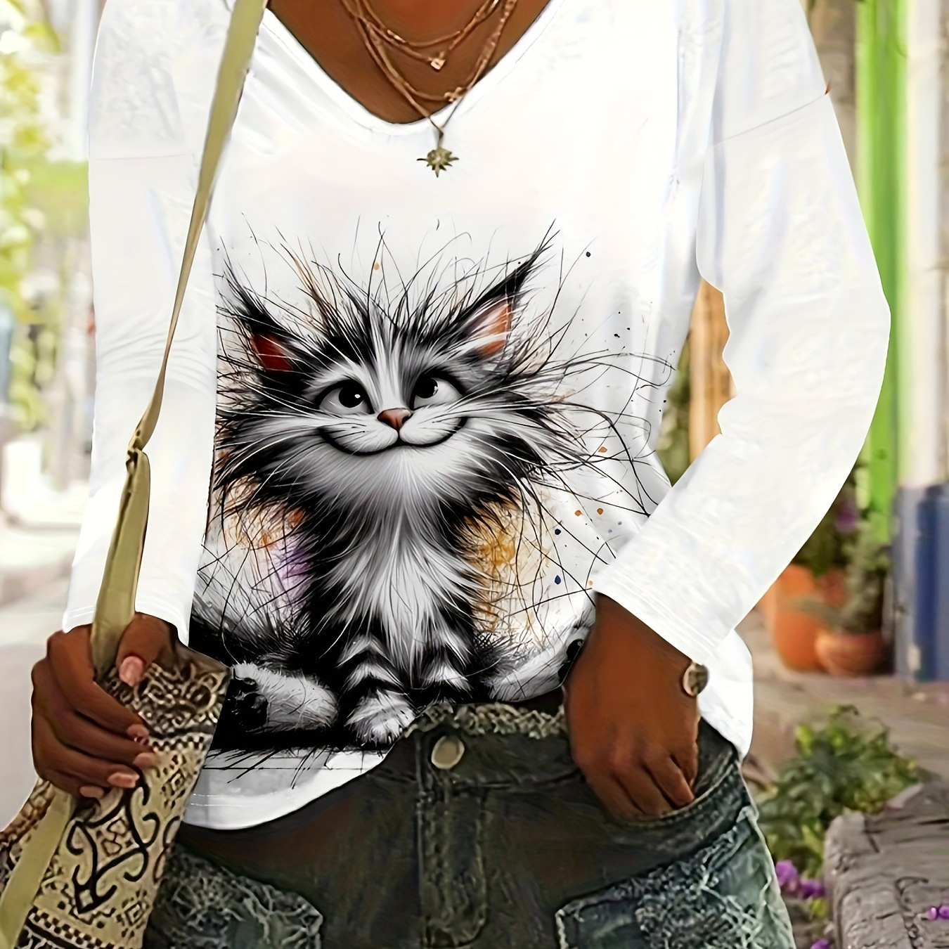 Elegant V-neck T-shirt With Cute Cat Print - Soft Polyester, Machine Washable - Spring & Fall
Elegant V-neck T-shirt With Cute Cat Print - Soft Polyester, Machine Washable - Spring & Fall