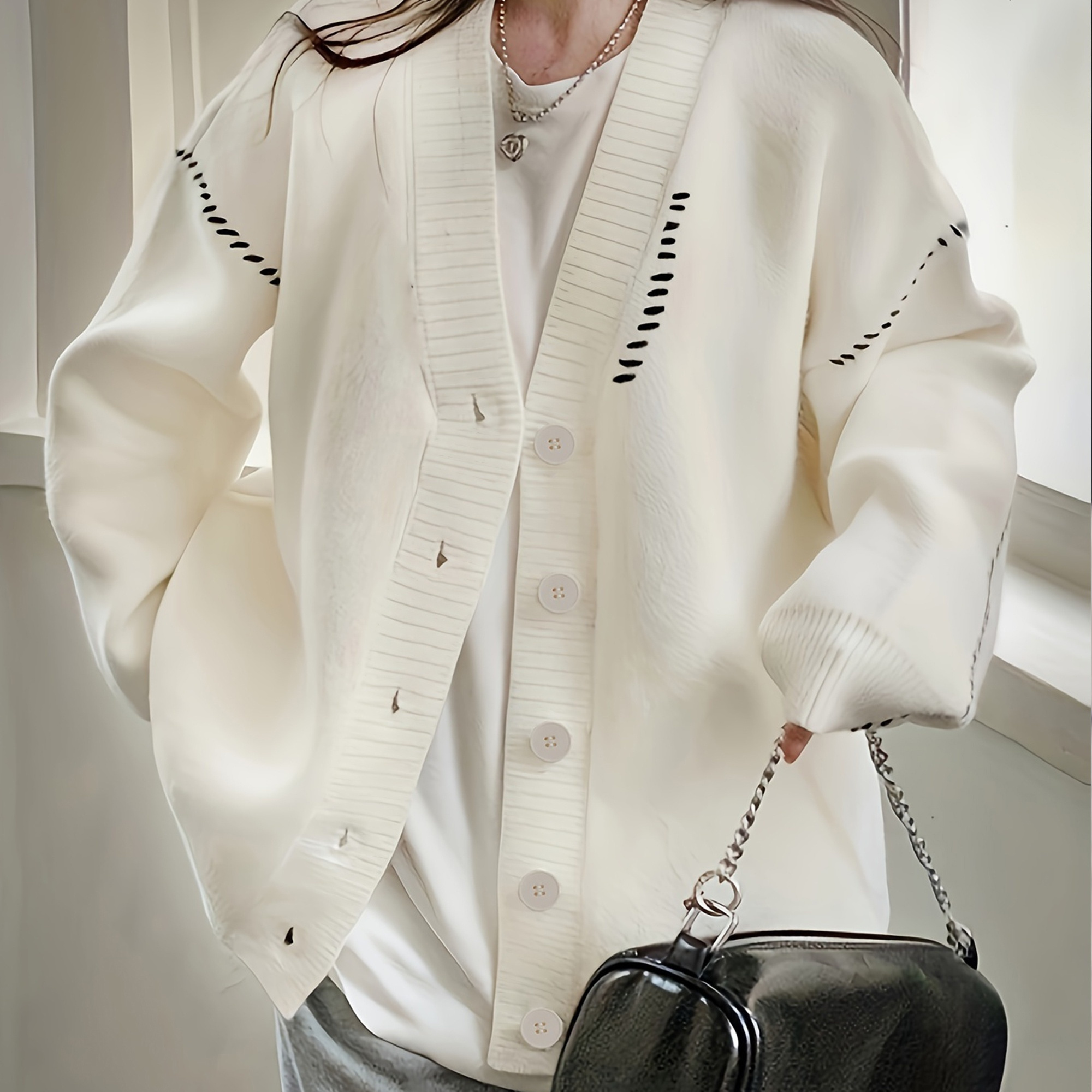 Trim Button Front Cardigan, Stylish Drop Shoulder Long Sleeve Cardigan For Spring & Fall, Women's Clothing
Trim Button Front Cardigan, Stylish Drop Shoulder Long Sleeve Cardigan For Spring & Fall, Women's Clothing
