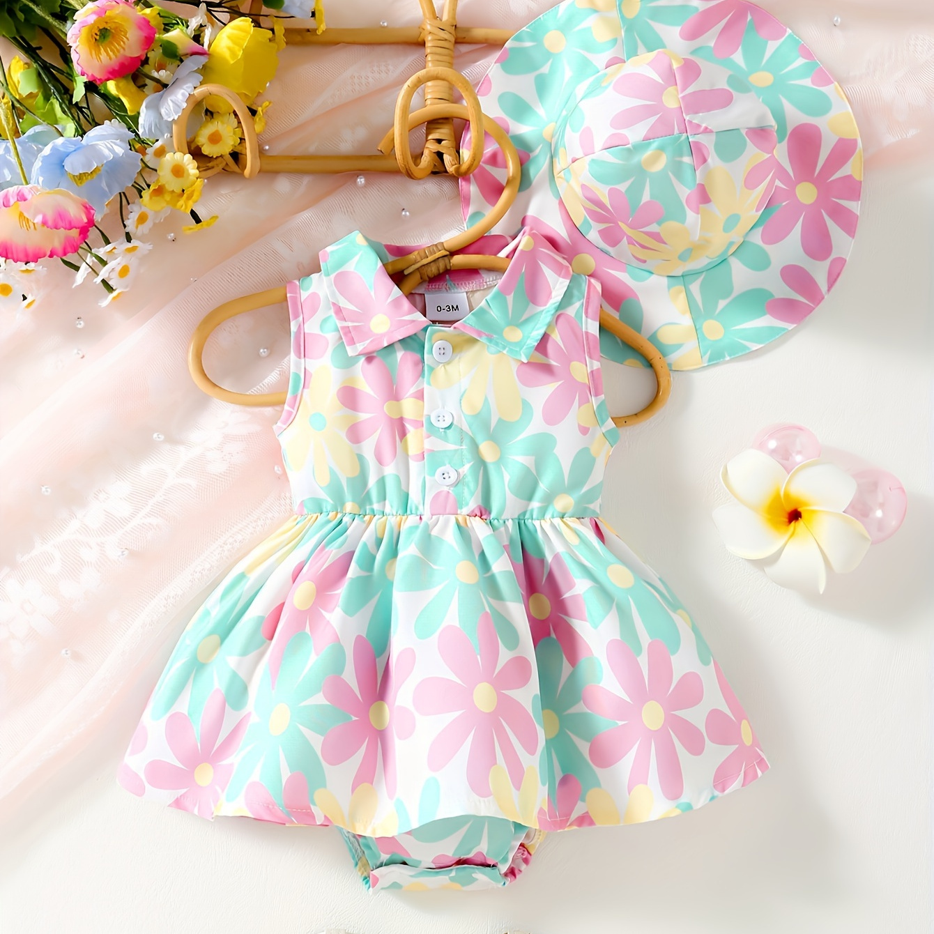 2 Pieces Of Baby Girl Summer New Floral Full Print Lapel Cardigan Sleeveless Jumpsuit+beach Sun Hat Set
2 Pieces Of Baby Girl Summer New Floral Full Print Lapel Cardigan Sleeveless Jumpsuit+beach Sun Hat Set