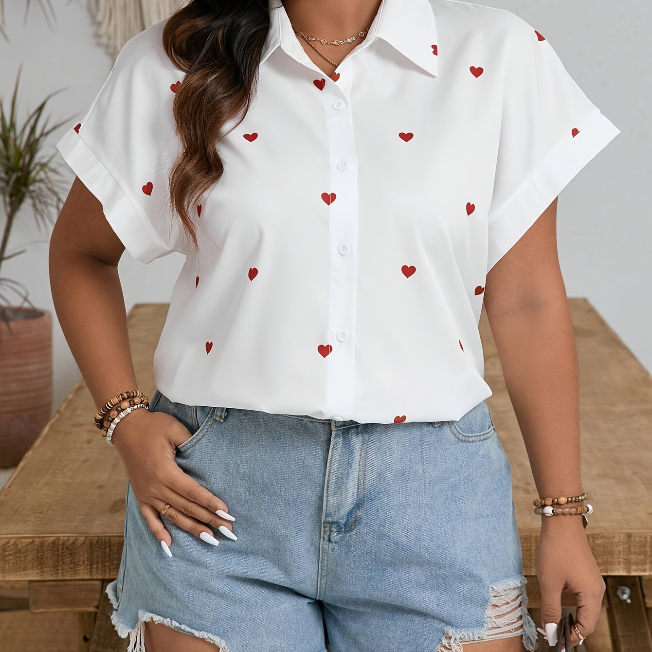 Women's Casual Heart Print Short Sleeve White Shirt, Polyester, Non-sheer, Machine Washable - Summer And
Women's Casual Heart Print Short Sleeve White Shirt, Polyester, Non-sheer, Machine Washable - Summer And