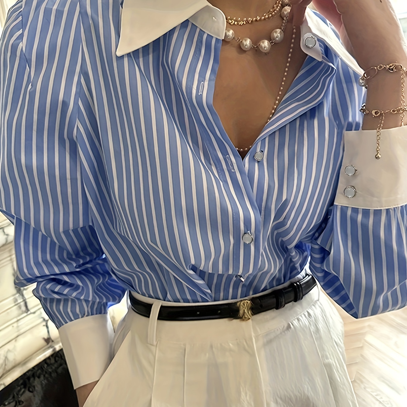 Elegant Striped Long Sleeve Blouse With Button Detail - & Chic, Machine Washable Polyester, Women'
Elegant Striped Long Sleeve Blouse With Button Detail - & Chic, Machine Washable Polyester, Women'