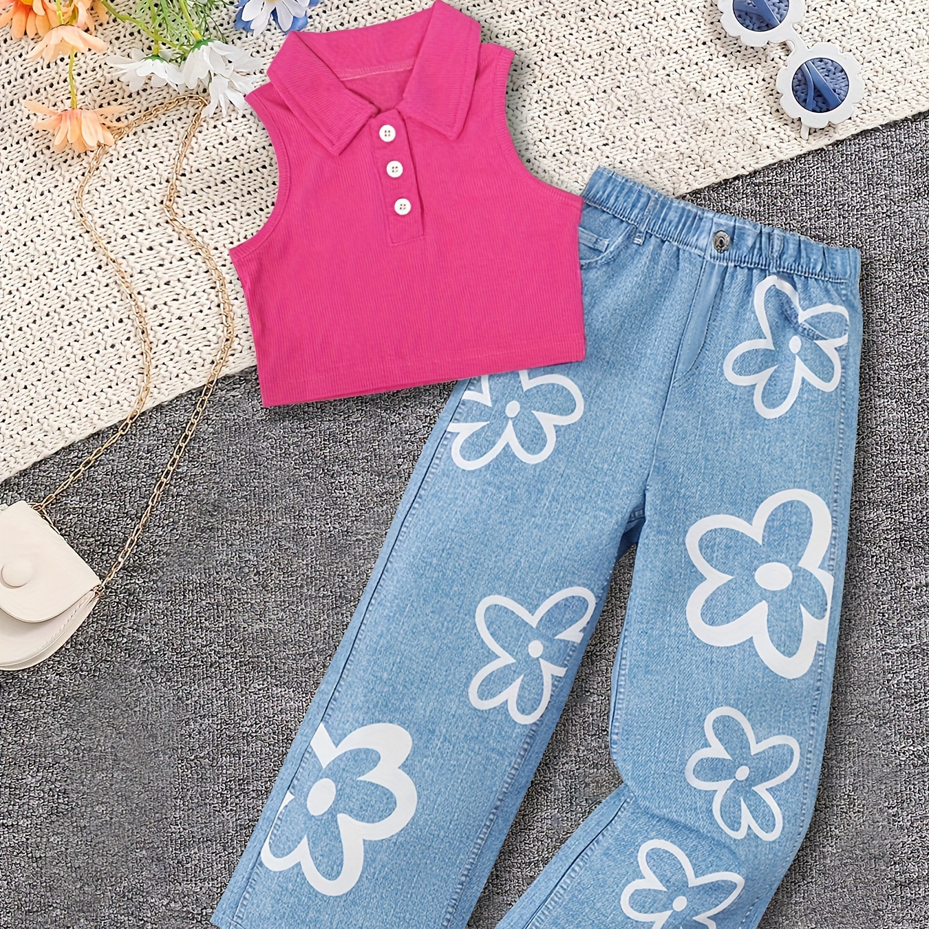 Girls Stylish & Casual Outfit, 2pcs/set Sleeveless Lapel Collar Button Front Top & Flowers Pattern Print Wide-leg Pants For Spring & Summer
Girls Stylish & Casual Outfit, 2pcs/set Sleeveless Lapel Collar Button Front Top & Flowers Pattern Print Wide-leg Pants For Spring & Summer