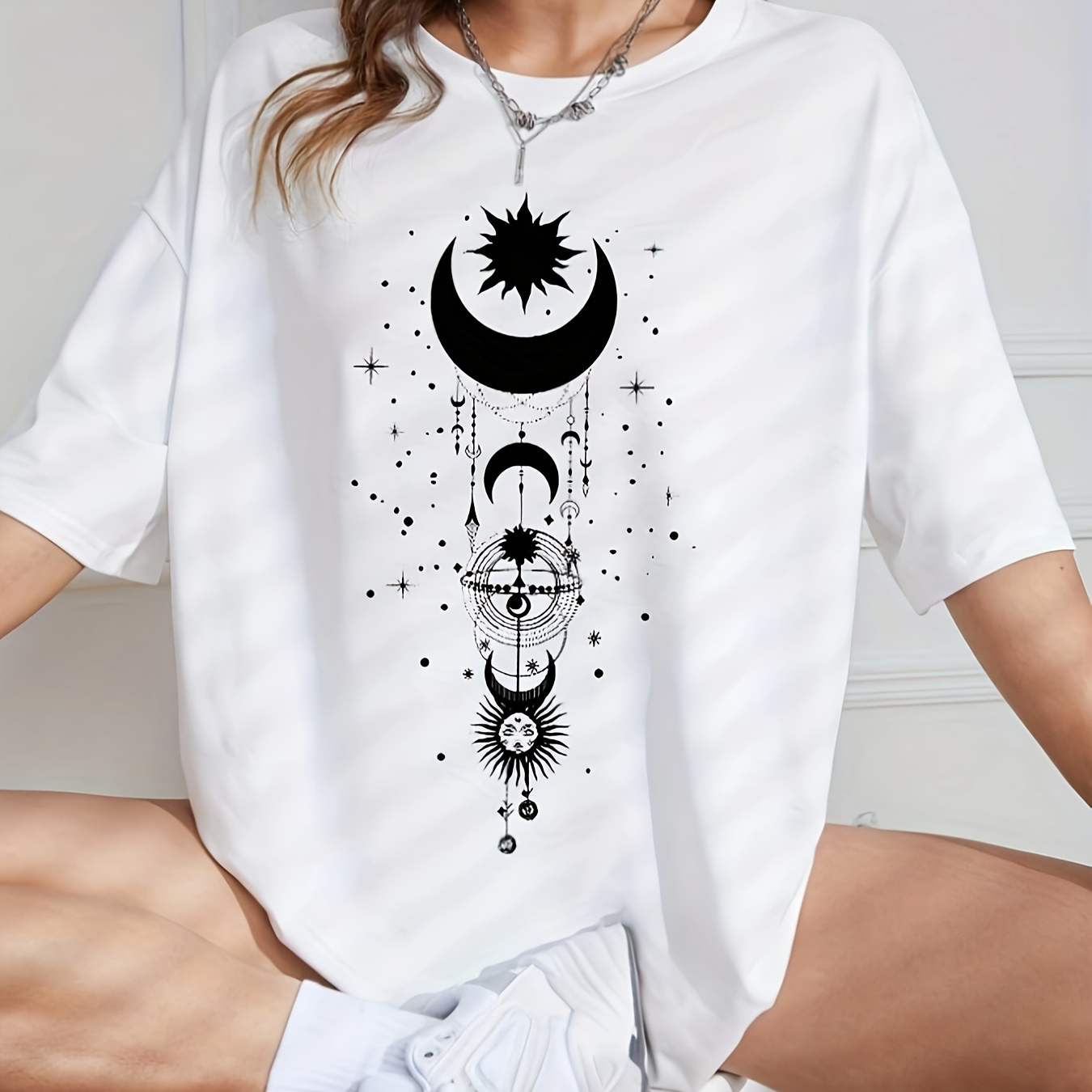 Sun & Moon Print Drop Shoulder T-shirt, Short Sleeve Crew Neck Casual Top For Spring & Summer, Women's Clothing
Sun & Moon Print Drop Shoulder T-shirt, Short Sleeve Crew Neck Casual Top For Spring & Summer, Women's Clothing