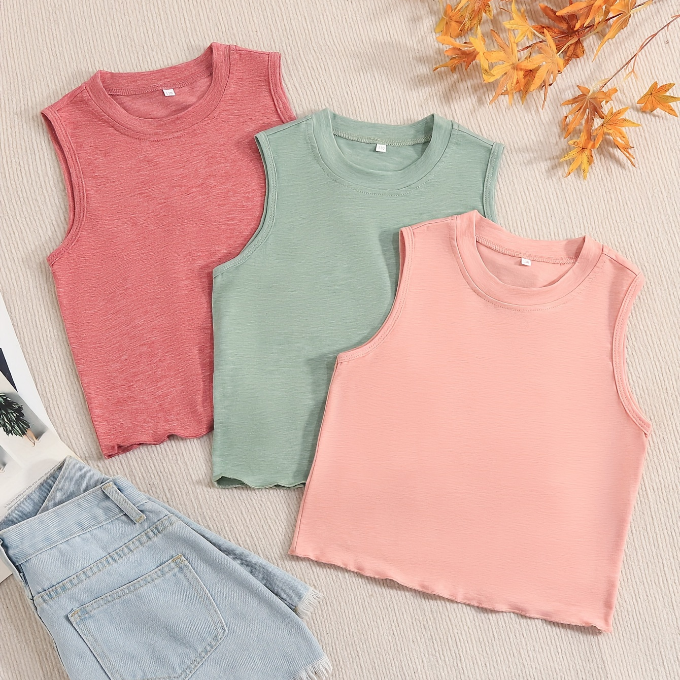 3pcs, Knit Solid Color Sleeveless Crew Neck T-shirts For Girls, Casual Comfy Breathable Versatile Tee Top Summer Gift
3pcs, Knit Solid Color Sleeveless Crew Neck T-shirts For Girls, Casual Comfy Breathable Versatile Tee Top Summer Gift