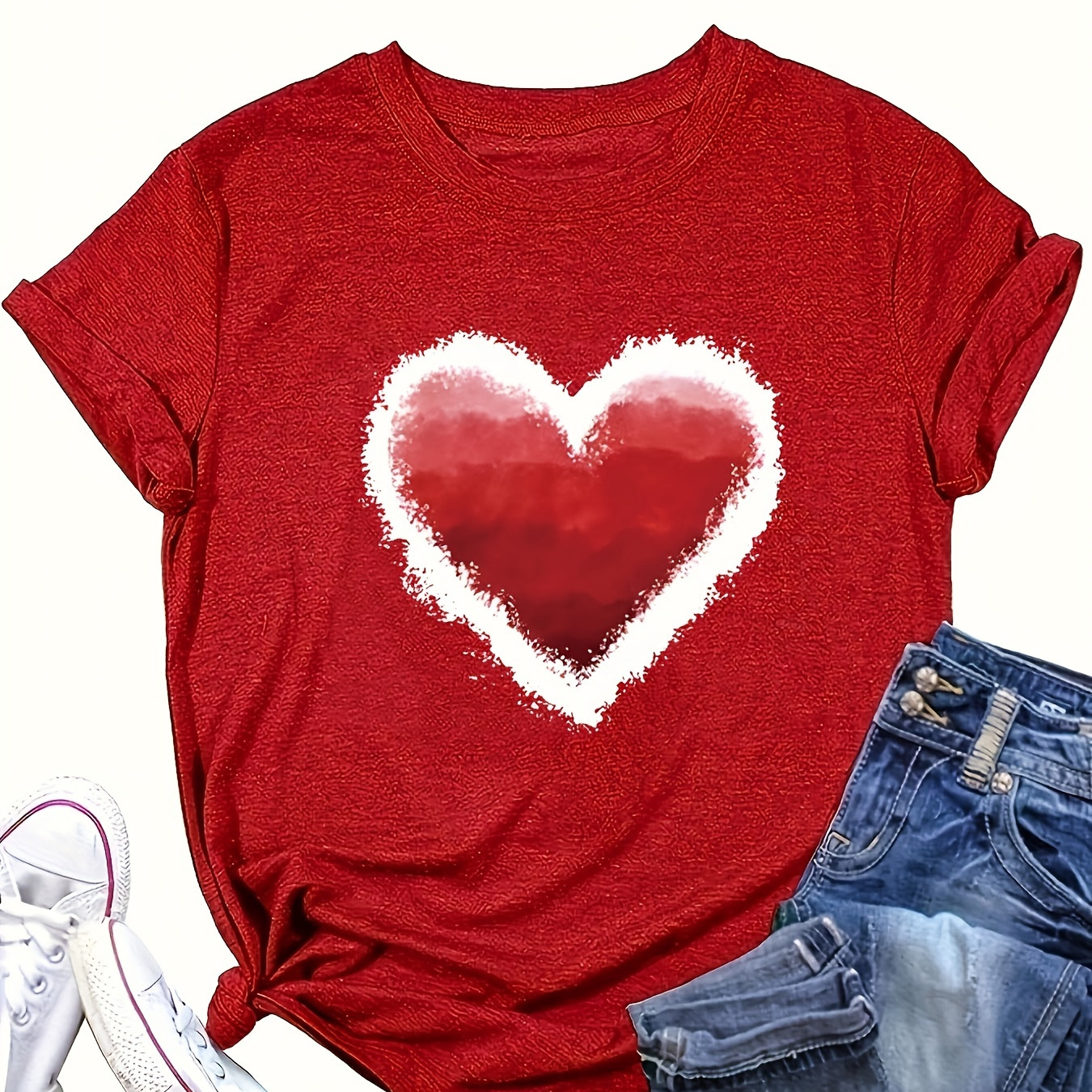 Heart Print Crew Neck T-shirt, Casual Short Sleeve Top For Spring & Summer, Women's Clothing
Heart Print Crew Neck T-shirt, Casual Short Sleeve Top For Spring & Summer, Women's Clothing
