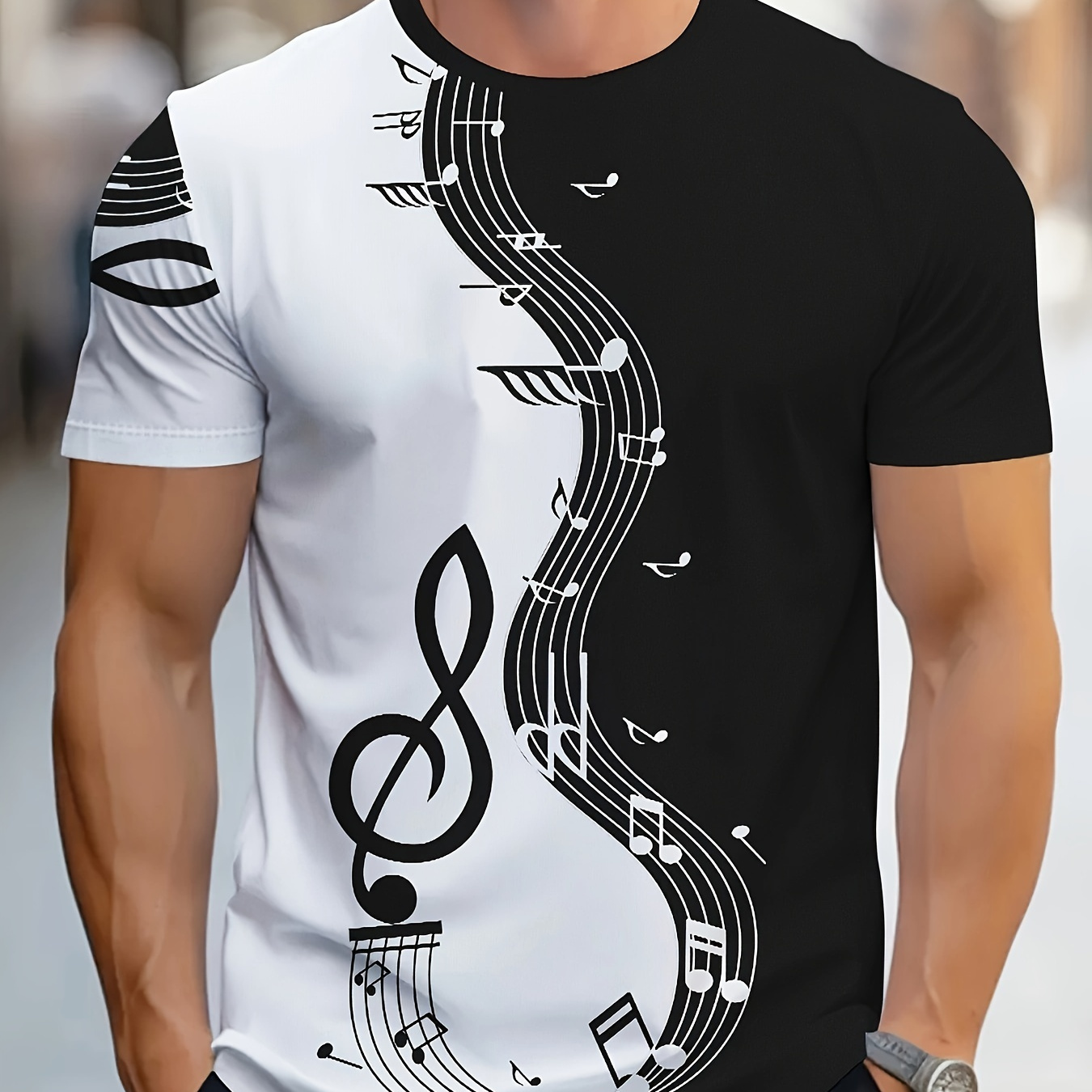 Men' Note Graphic Tee - Casual Polyester Round Neck T-shirt With Black & White Musical Design, Breathable Fabric, Ideal For Musicians And Music Enthusiasts
Men' Note Graphic Tee - Casual Polyester Round Neck T-shirt With Black & White Musical Design, Breathable Fabric, Ideal For Musicians And Music Enthusiasts