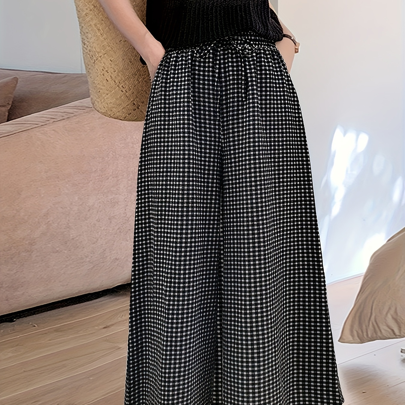 Plaid Print Wide Leg Pants, Casual Drawstring Waist Loose Pants For Spring & Summer, Women's Clothing
Plaid Print Wide Leg Pants, Casual Drawstring Waist Loose Pants For Spring & Summer, Women's Clothing