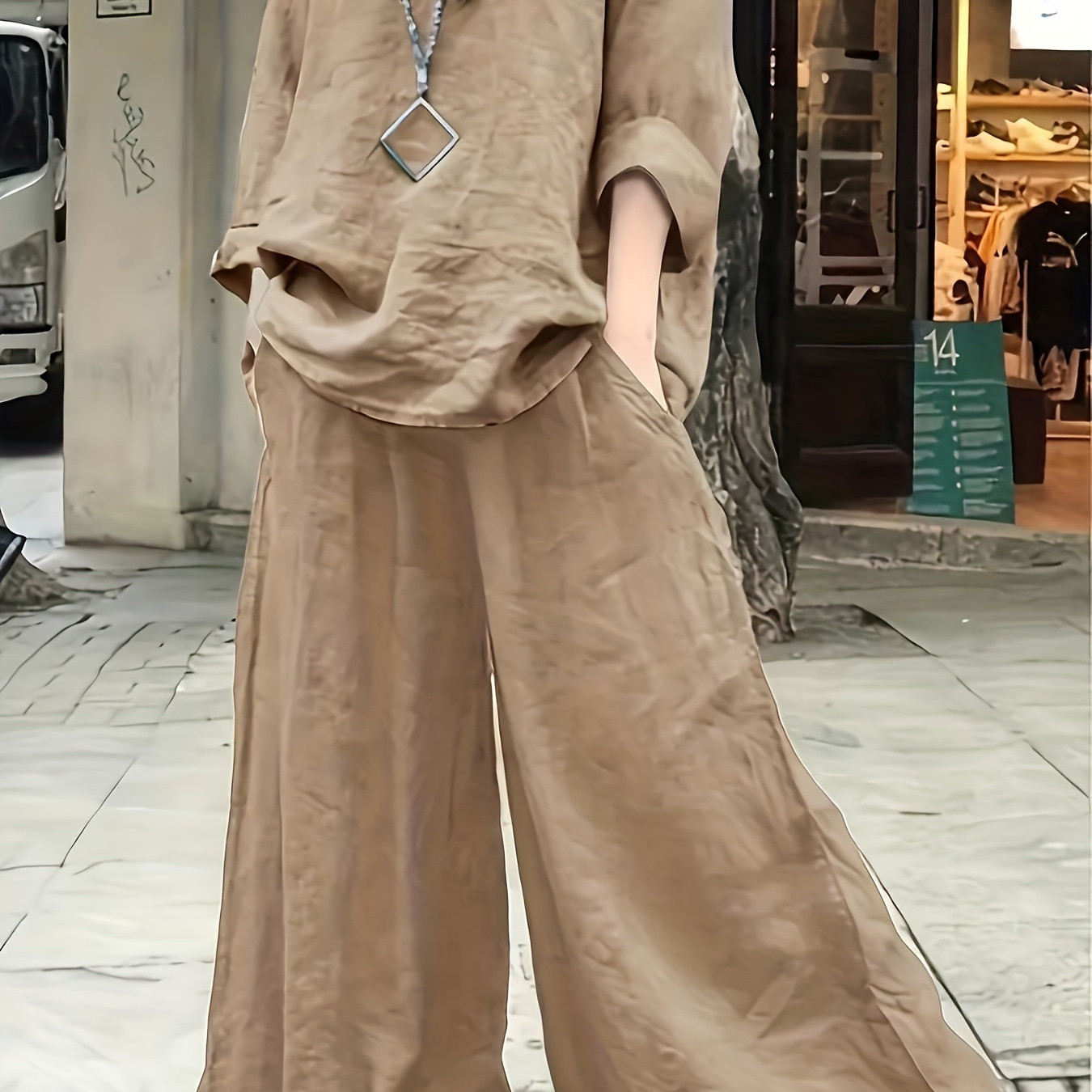Solid Color Casual Pants Set, Crew Neck Long Sleeve Top & Wide Leg Pants Outfits For Spring, Women's Clothing
Solid Color Casual Pants Set, Crew Neck Long Sleeve Top & Wide Leg Pants Outfits For Spring, Women's Clothing