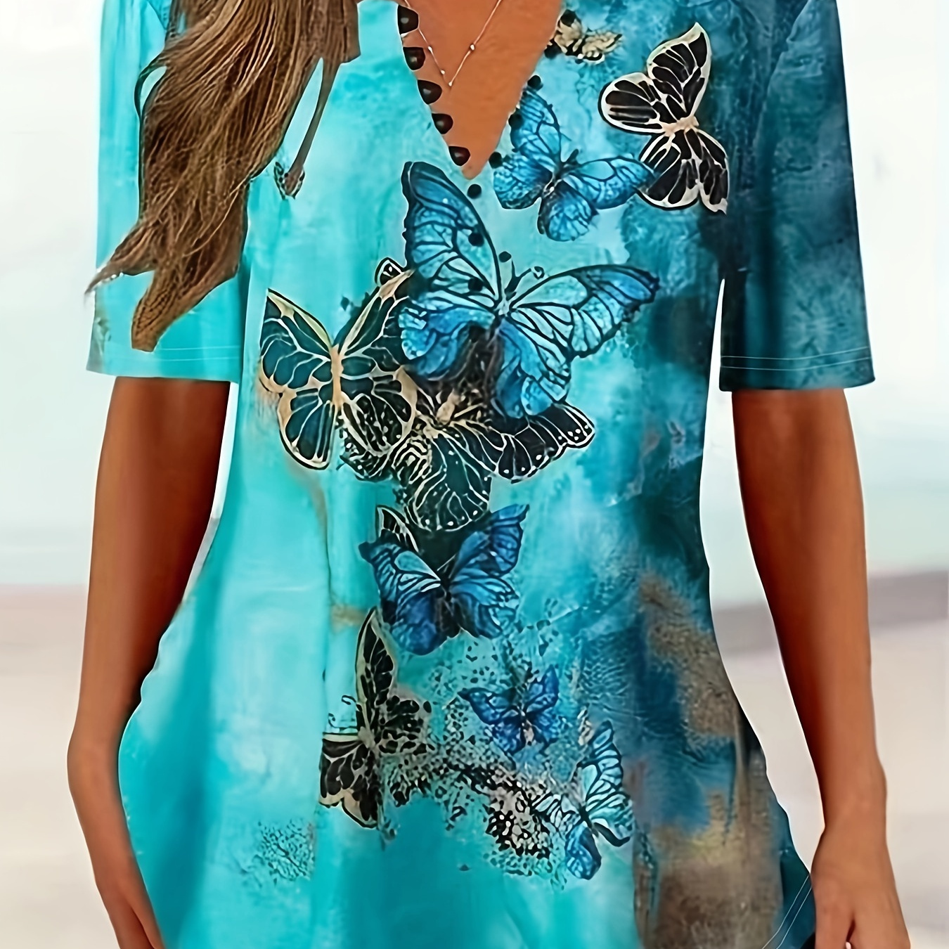 Butterfly Print Button Front T-shirt, Casual V Neck Short Sleeve Top For Spring & Summer, Women's Clothing
Butterfly Print Button Front T-shirt, Casual V Neck Short Sleeve Top For Spring & Summer, Women's Clothing
