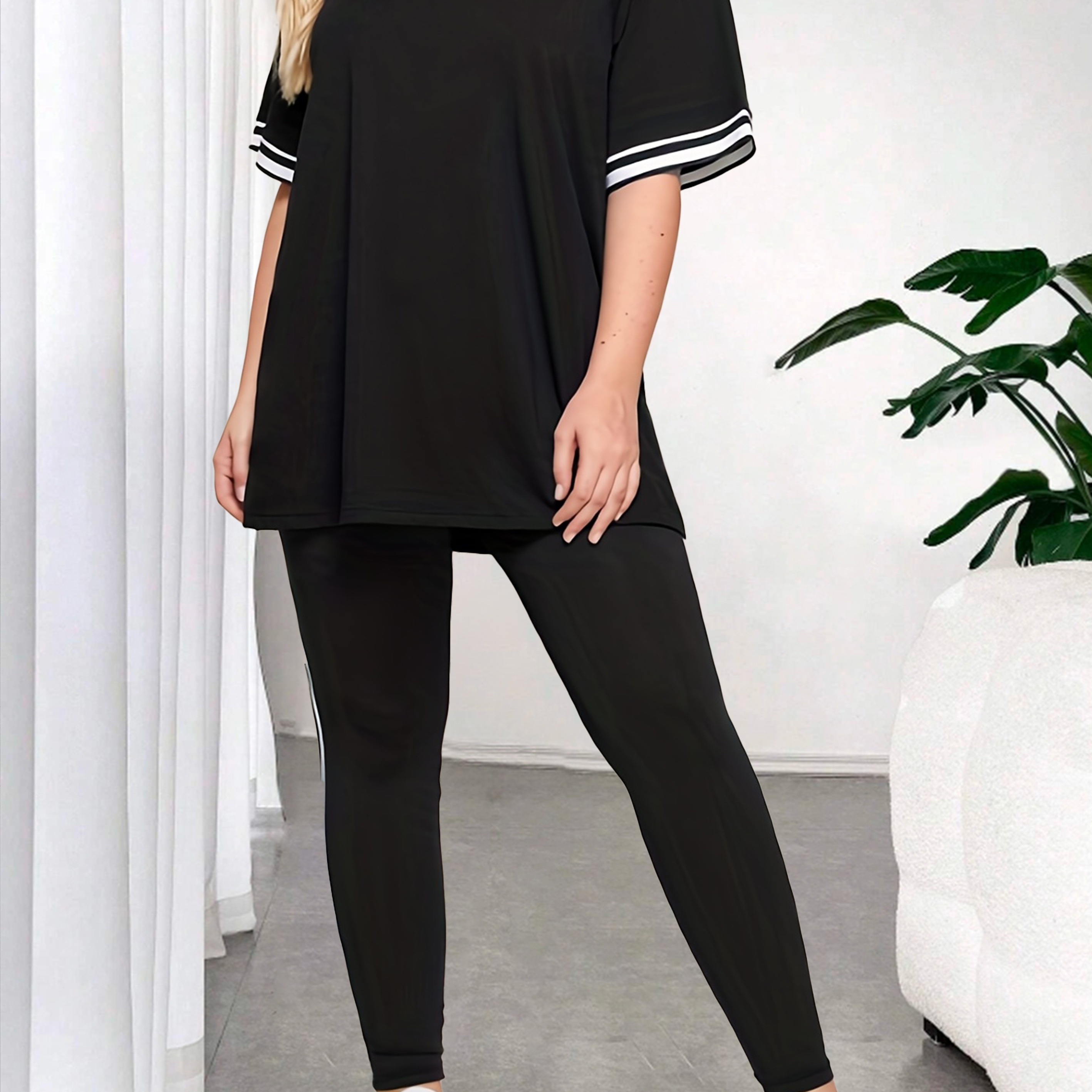 Plus Size Line Print Two-piece Set, Crew Neck Short Sleeve Top & Skinny Pants Outfits, Women's Plus Size Clothing
Plus Size Line Print Two-piece Set, Crew Neck Short Sleeve Top & Skinny Pants Outfits, Women's Plus Size Clothing
