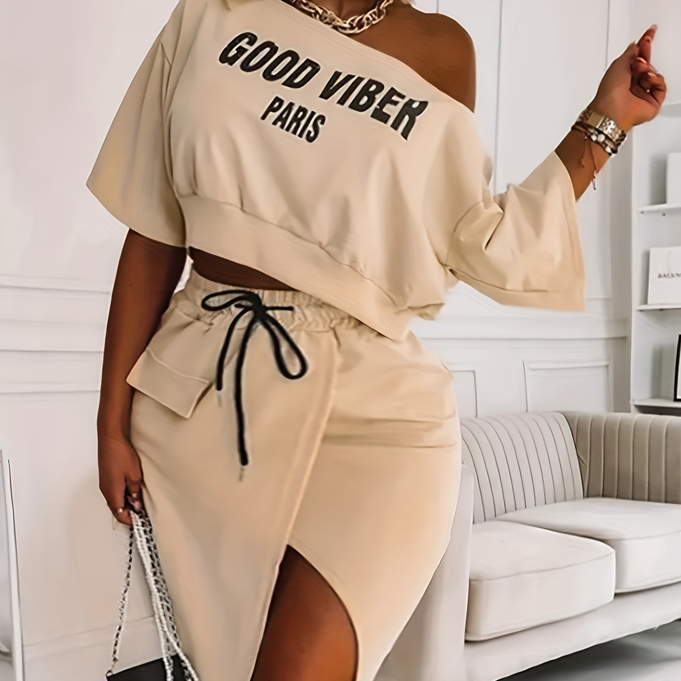 Plus Size Casual Outfits 2 Piece Set, Women's Plus Letter Print 1 Shoulder Short Sleeve Top & Drawstring Split Hem Knee Length Skirt Outfits 2 Piece Set
Plus Size Casual Outfits 2 Piece Set, Women's Plus Letter Print 1 Shoulder Short Sleeve Top & Drawstring Split Hem Knee Length Skirt Outfits 2 Piece Set