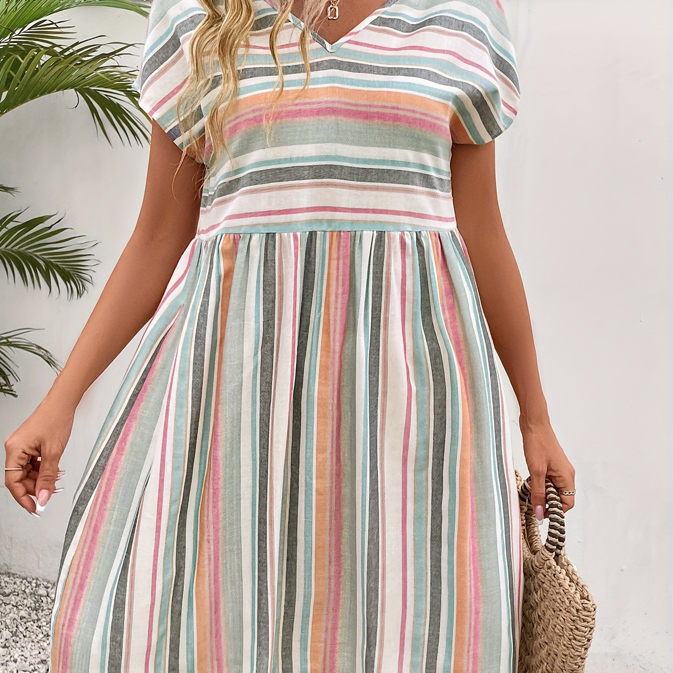 Colorful Striped V Neck Dress, Vacation Short Sleeve Loose Dress For Spring & Summer, Women's Clothing
Colorful Striped V Neck Dress, Vacation Short Sleeve Loose Dress For Spring & Summer, Women's Clothing