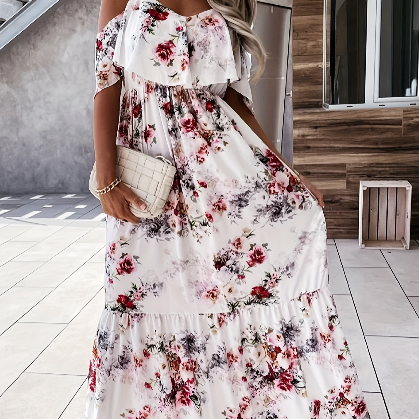 Floral Print Cold Shoulder Cami Dress, Vacation Ruffle Trim Waist Dress, Women's Clothing
Floral Print Cold Shoulder Cami Dress, Vacation Ruffle Trim Waist Dress, Women's Clothing