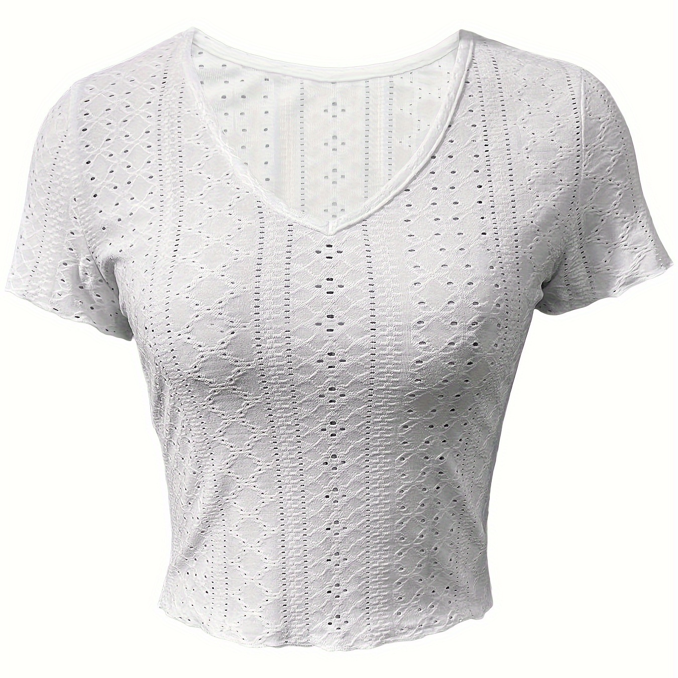 Eyelet Embroidered V Neck T-shirt, Sexy Short Sleeve Top For Spring & Summer, Women's Clothing
Eyelet Embroidered V Neck T-shirt, Sexy Short Sleeve Top For Spring & Summer, Women's Clothing