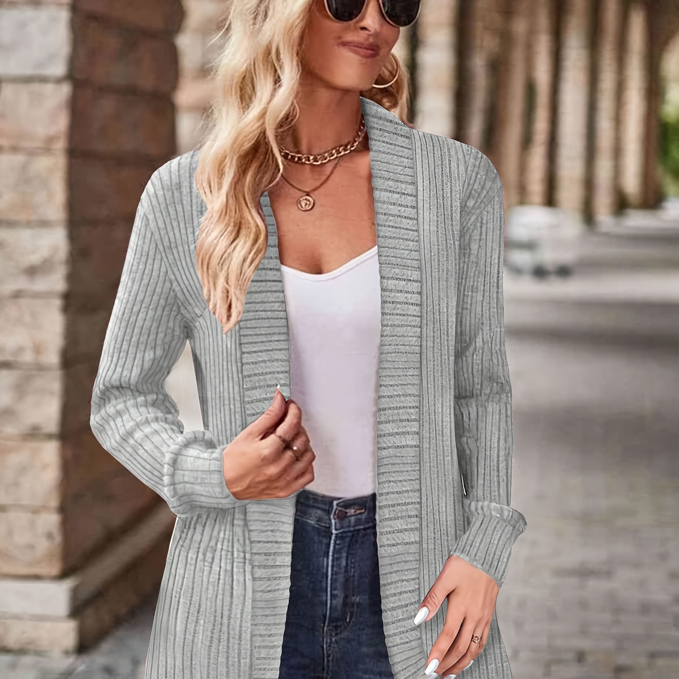 Solid Color Open Front Cardigan, Casual Long Sleeve Dual Pockets Ribbed Cardigan For Fall & Winter, Women's Clothing
Solid Color Open Front Cardigan, Casual Long Sleeve Dual Pockets Ribbed Cardigan For Fall & Winter, Women's Clothing