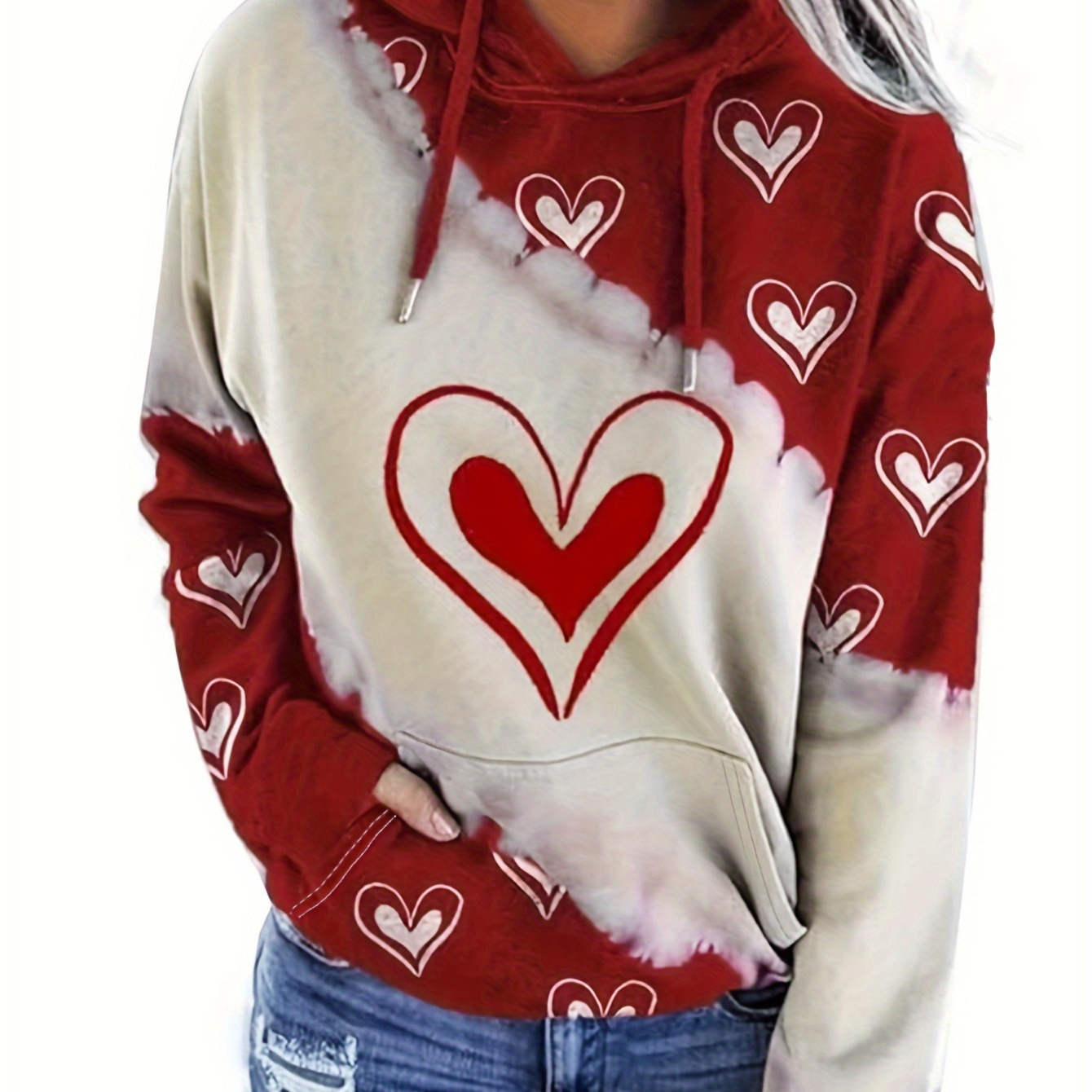 Valentine's Day Style Love Heart Print Hooded Drawstring Sweatshirt With Front Pocket, Long Hoodie Long Sleeve Pullover, Women's Tops
Valentine's Day Style Love Heart Print Hooded Drawstring Sweatshirt With Front Pocket, Long Hoodie Long Sleeve Pullover, Women's Tops