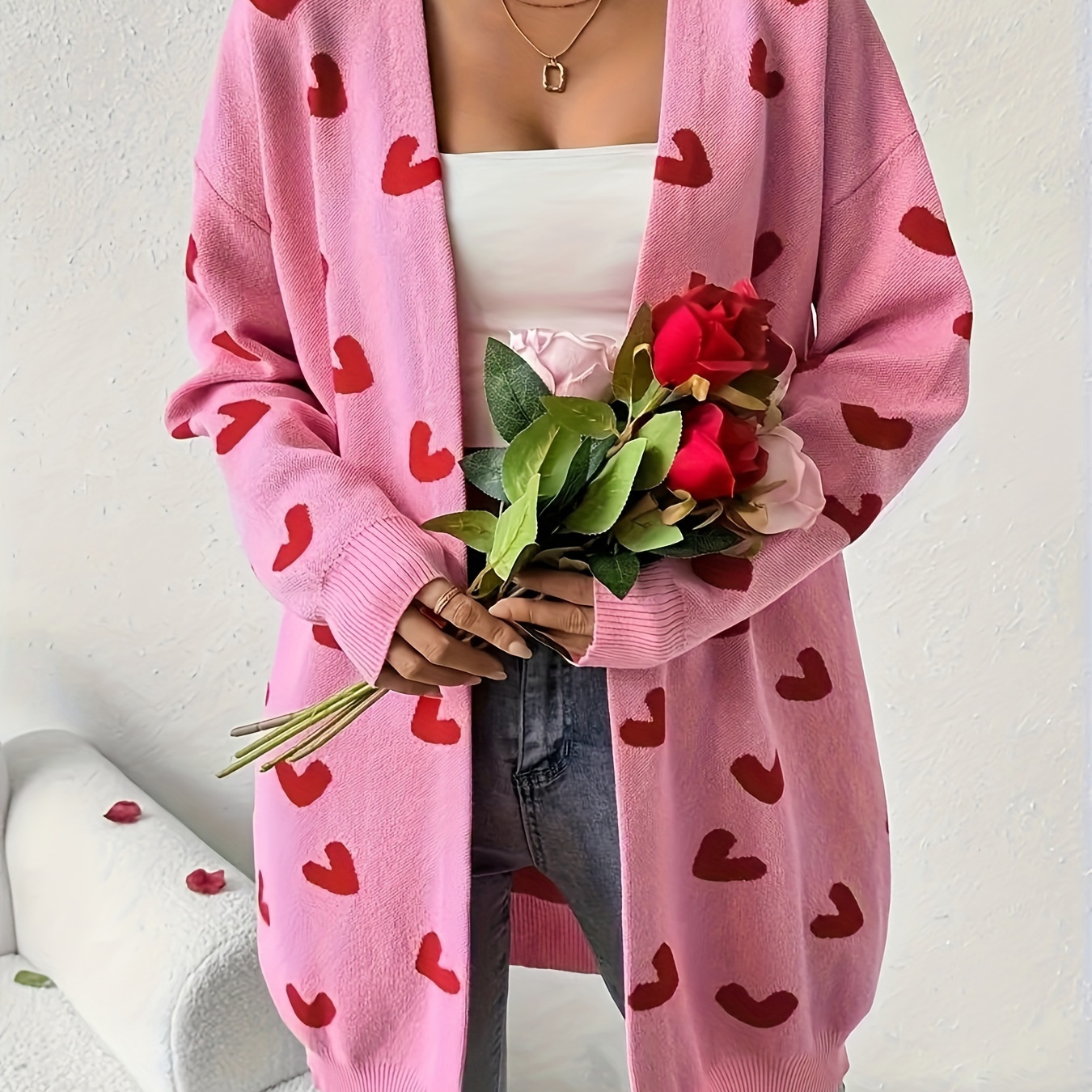 Plus Size Heart Pattern Knit Cardigan, Casual Long Sleeve Open Front Cardigan For Spring & Fall, Women's Plus Size Clothing
Plus Size Heart Pattern Knit Cardigan, Casual Long Sleeve Open Front Cardigan For Spring & Fall, Women's Plus Size Clothing