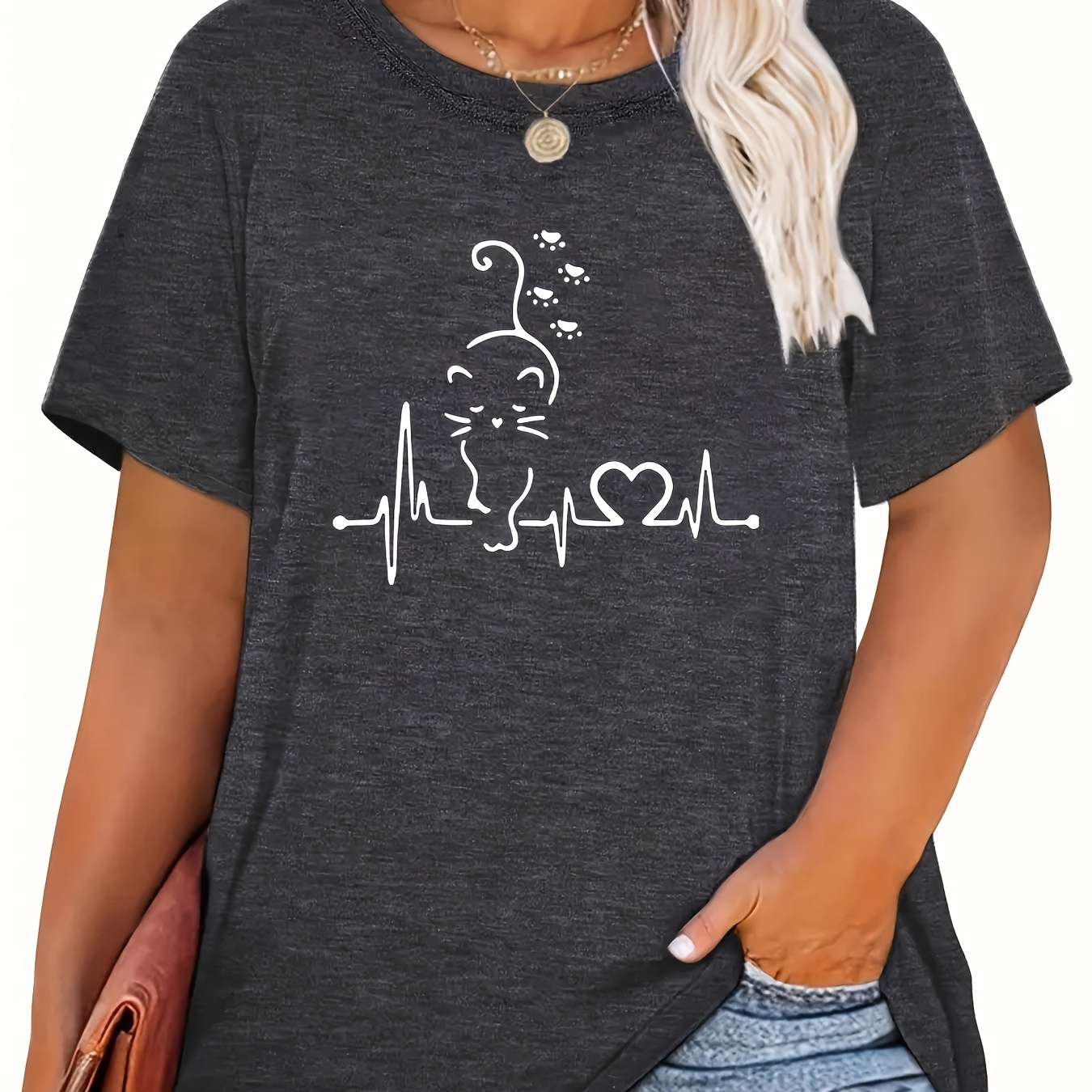 Plus Size Cat Print T-shirt, Comfortable Casual Short Sleeve Crew Neck Top For Summer & Spring, Women's Plus Size Clothing
Plus Size Cat Print T-shirt, Comfortable Casual Short Sleeve Crew Neck Top For Summer & Spring, Women's Plus Size Clothing