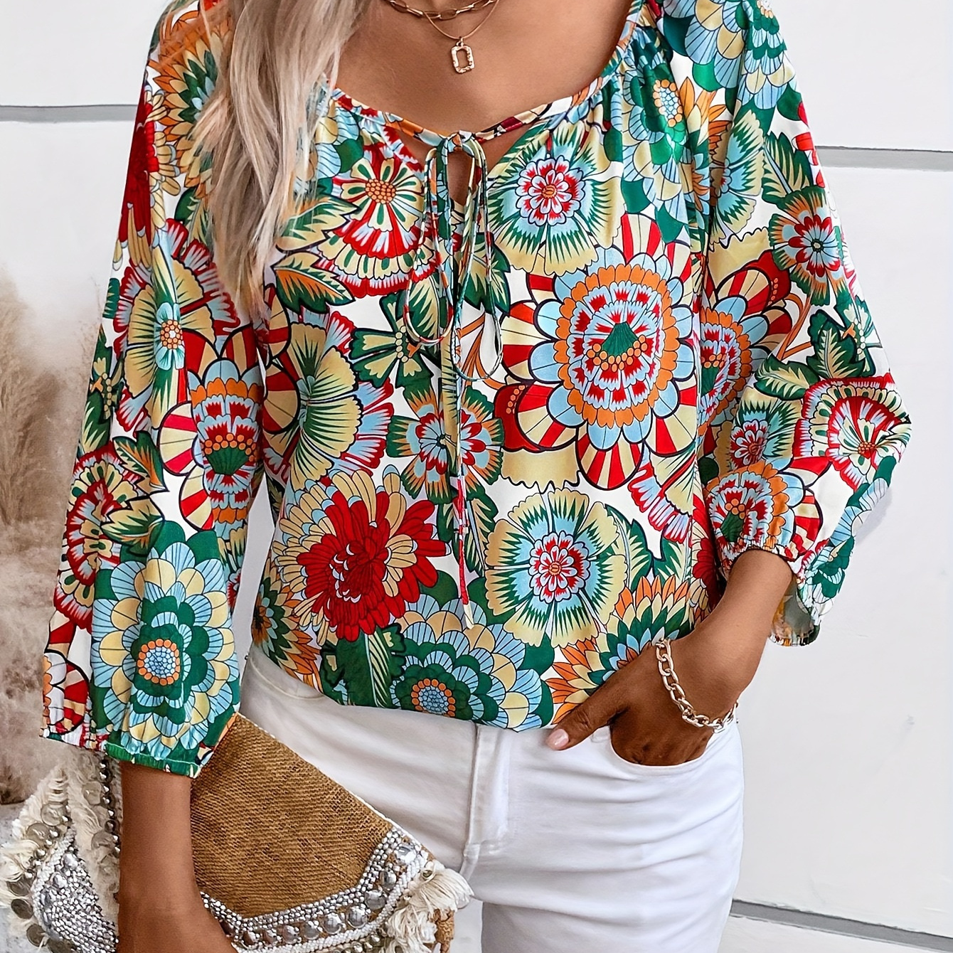 Vintage Graphic Print Tie Front Blouse, Elegant Crew Neck Loose Blouse For Spring & Fall, Women's Clothing
Vintage Graphic Print Tie Front Blouse, Elegant Crew Neck Loose Blouse For Spring & Fall, Women's Clothing