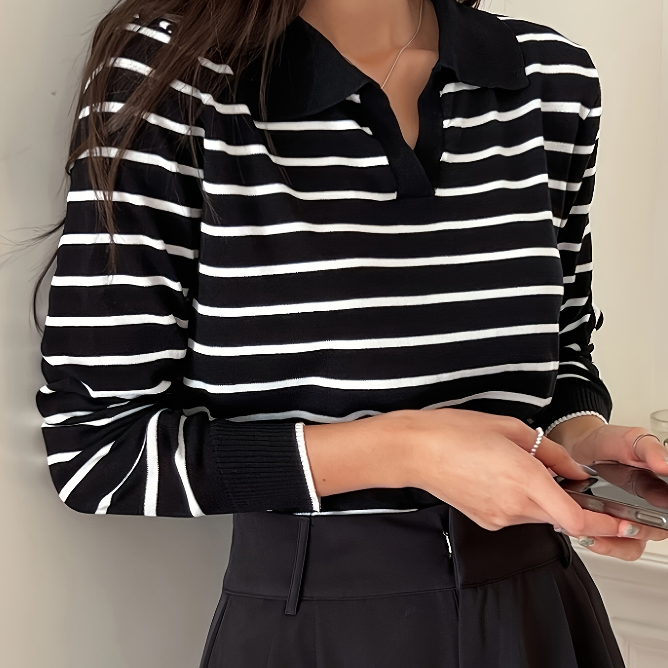 Chic Striped Knit Sweater For Women - High Stretch, Long Sleeve Pullover With Collar Detail, Fall & Winter
Chic Striped Knit Sweater For Women - High Stretch, Long Sleeve Pullover With Collar Detail, Fall & Winter