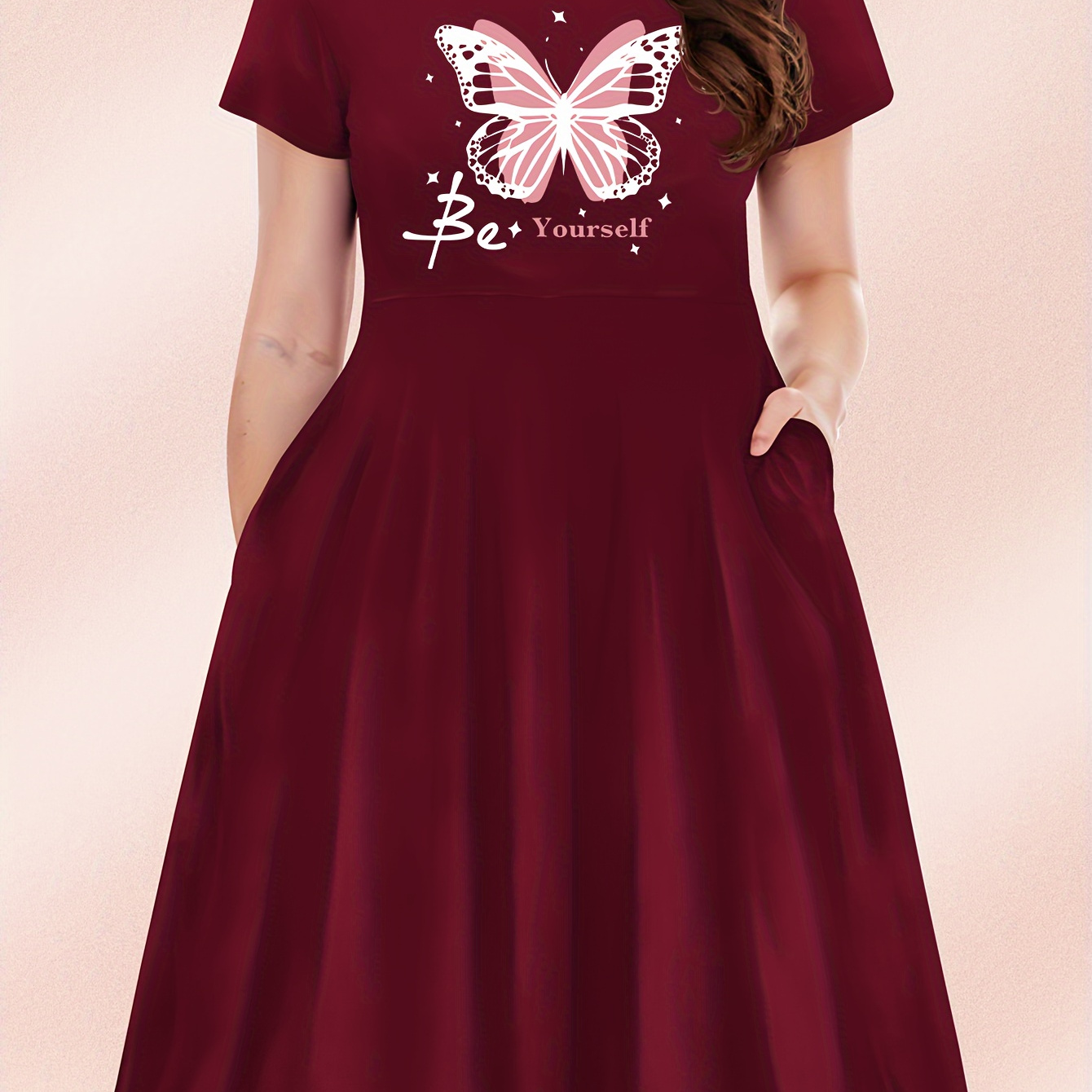 Plus Size Butterfly Print Dress, Short Sleeve Crew Neck Casual Dress For Spring & Summer, Women's Plus Size Clothing
Plus Size Butterfly Print Dress, Short Sleeve Crew Neck Casual Dress For Spring & Summer, Women's Plus Size Clothing