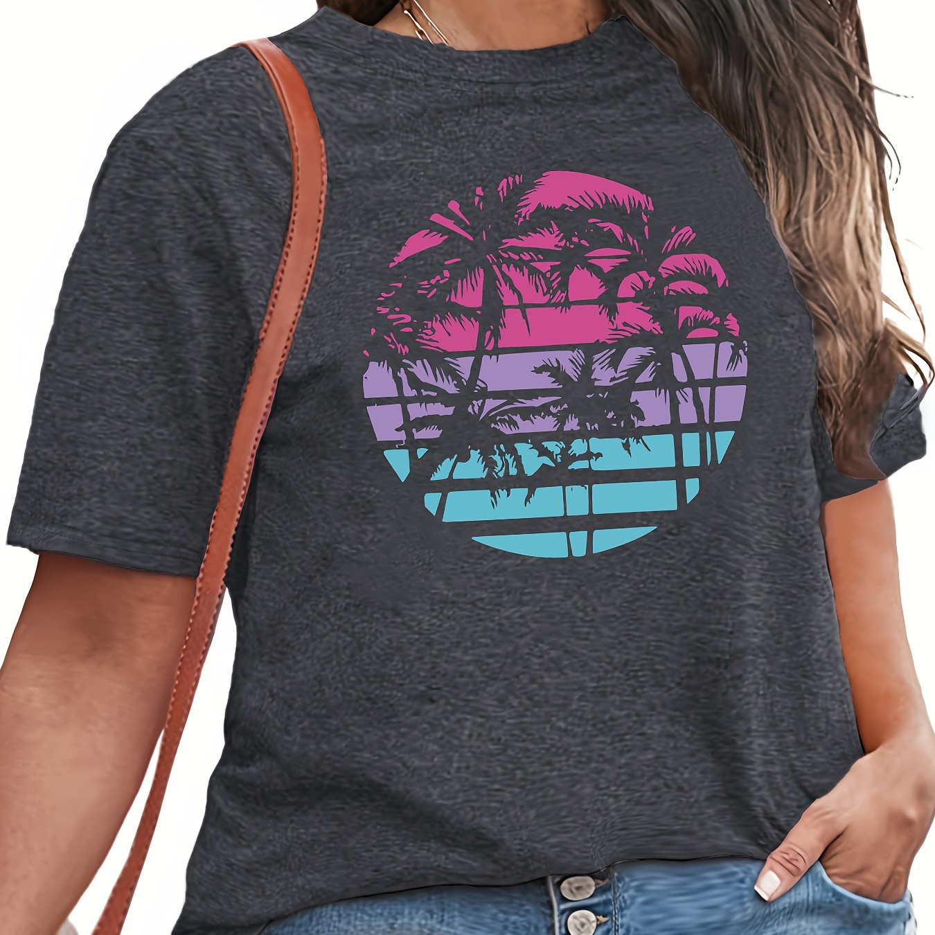 Plus Size Coconut Tree Print T-shirt, Casual Short Sleeve Crew Neck Top For Spring & Summer, Women's Plus Size Clothing
Plus Size Coconut Tree Print T-shirt, Casual Short Sleeve Crew Neck Top For Spring & Summer, Women's Plus Size Clothing