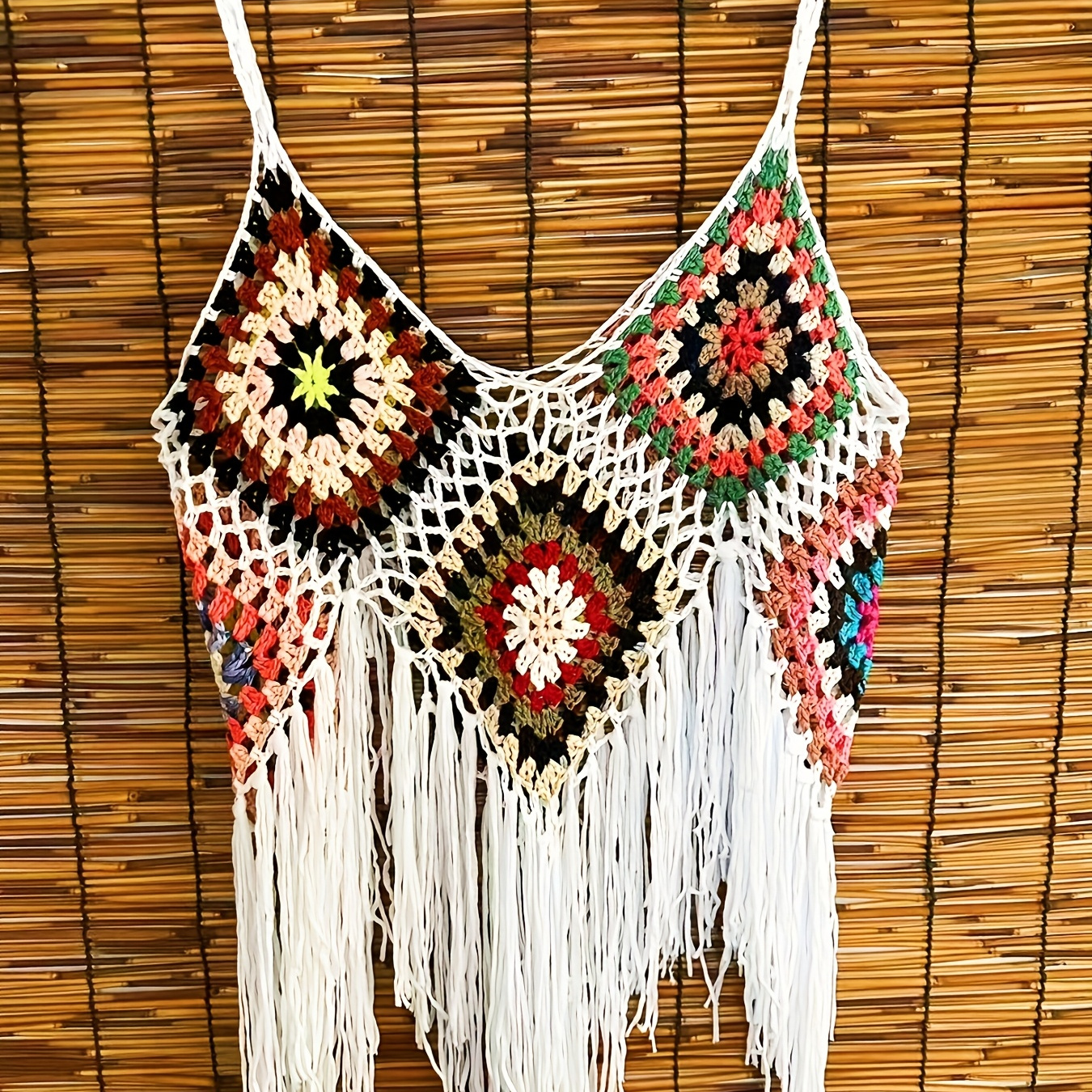 1pc Bohemian Crochet Tassel Tank Top, Hollow V-neck Knit Fabric Pullover, Medium Stretch Polyester Beach Cover-up For Women
1pc Bohemian Crochet Tassel Tank Top, Hollow V-neck Knit Fabric Pullover, Medium Stretch Polyester Beach Cover-up For Women