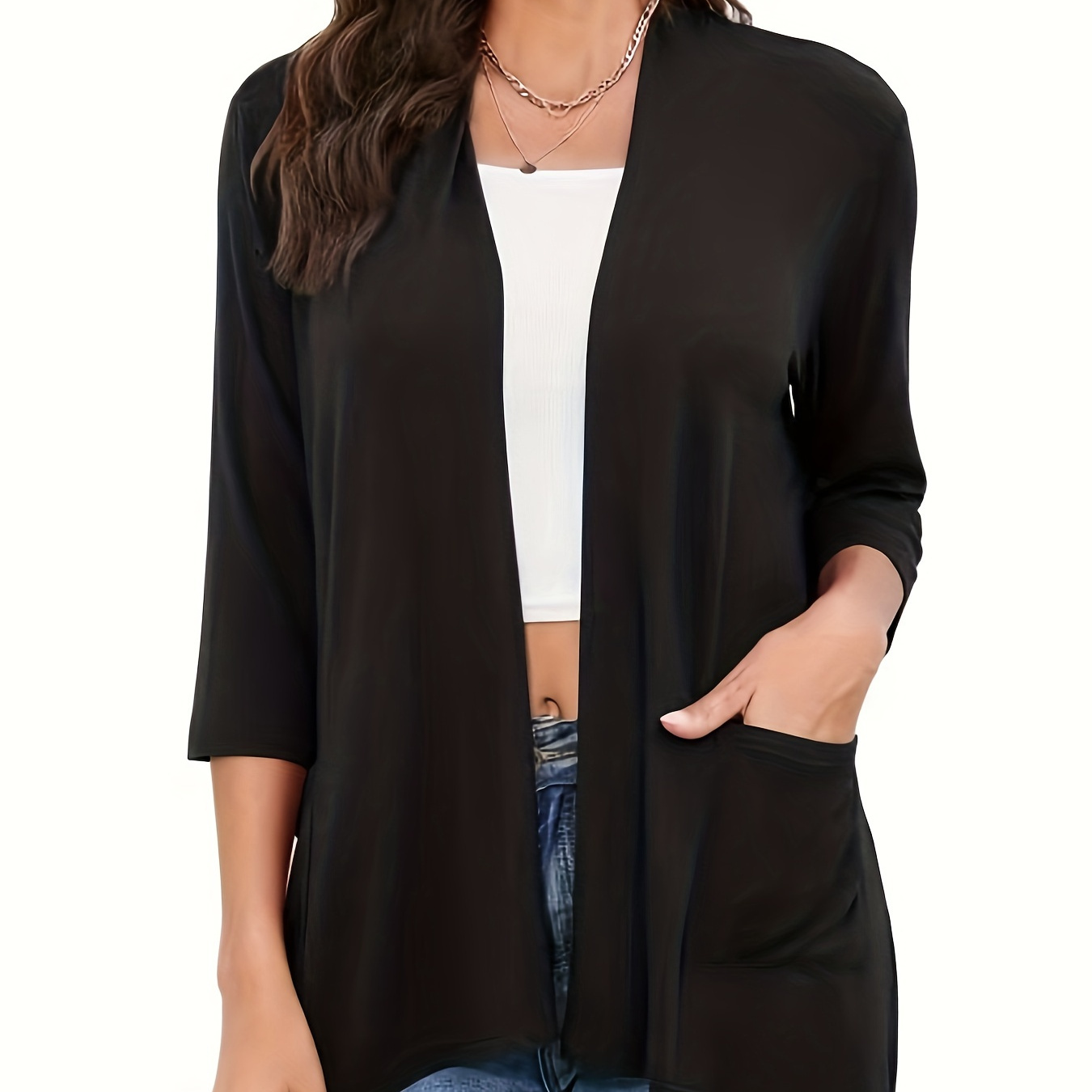 Plus Size Solid Pocket Top, Casual 3/4 Sleeve Open Front Top, Women's Plus Size clothing
Plus Size Solid Pocket Top, Casual 3/4 Sleeve Open Front Top, Women's Plus Size clothing