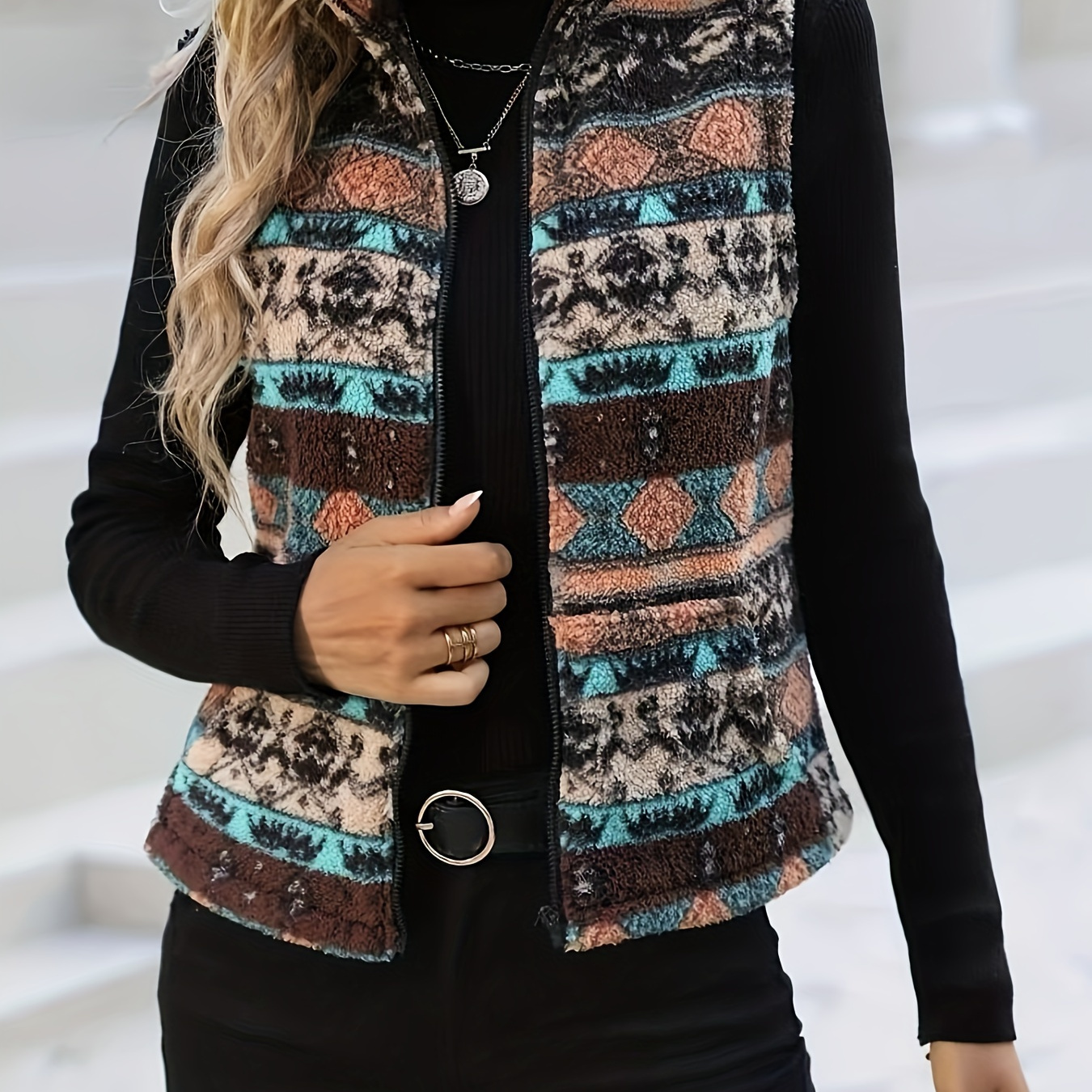 Ethnic Pattern Zipper Front Vest, Vintage Sleeveless Fuzzy Outwear For Fall & Winter, Women's Clothing
Ethnic Pattern Zipper Front Vest, Vintage Sleeveless Fuzzy Outwear For Fall & Winter, Women's Clothing