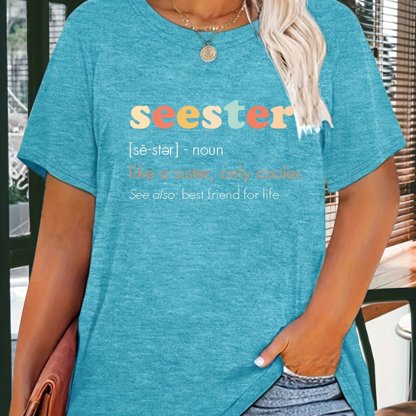 Plus Size Seester Print T-shirt, Casual Short Sleeve Crew Neck Top For Spring & Summer, Women's Plus Size Clothing
Plus Size Seester Print T-shirt, Casual Short Sleeve Crew Neck Top For Spring & Summer, Women's Plus Size Clothing