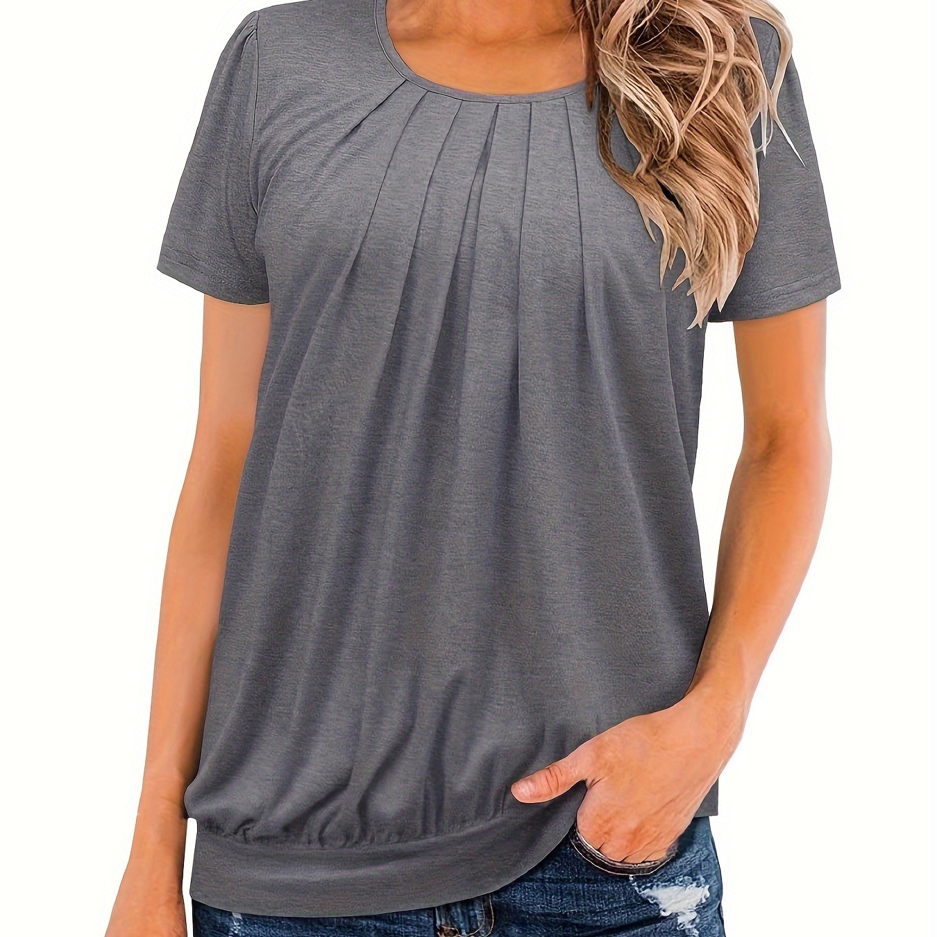 Solid Color Crew Neck Pleated T-shirt, Casual Short Sleeve Top For Spring & Summer, Women's Clothing
Solid Color Crew Neck Pleated T-shirt, Casual Short Sleeve Top For Spring & Summer, Women's Clothing
