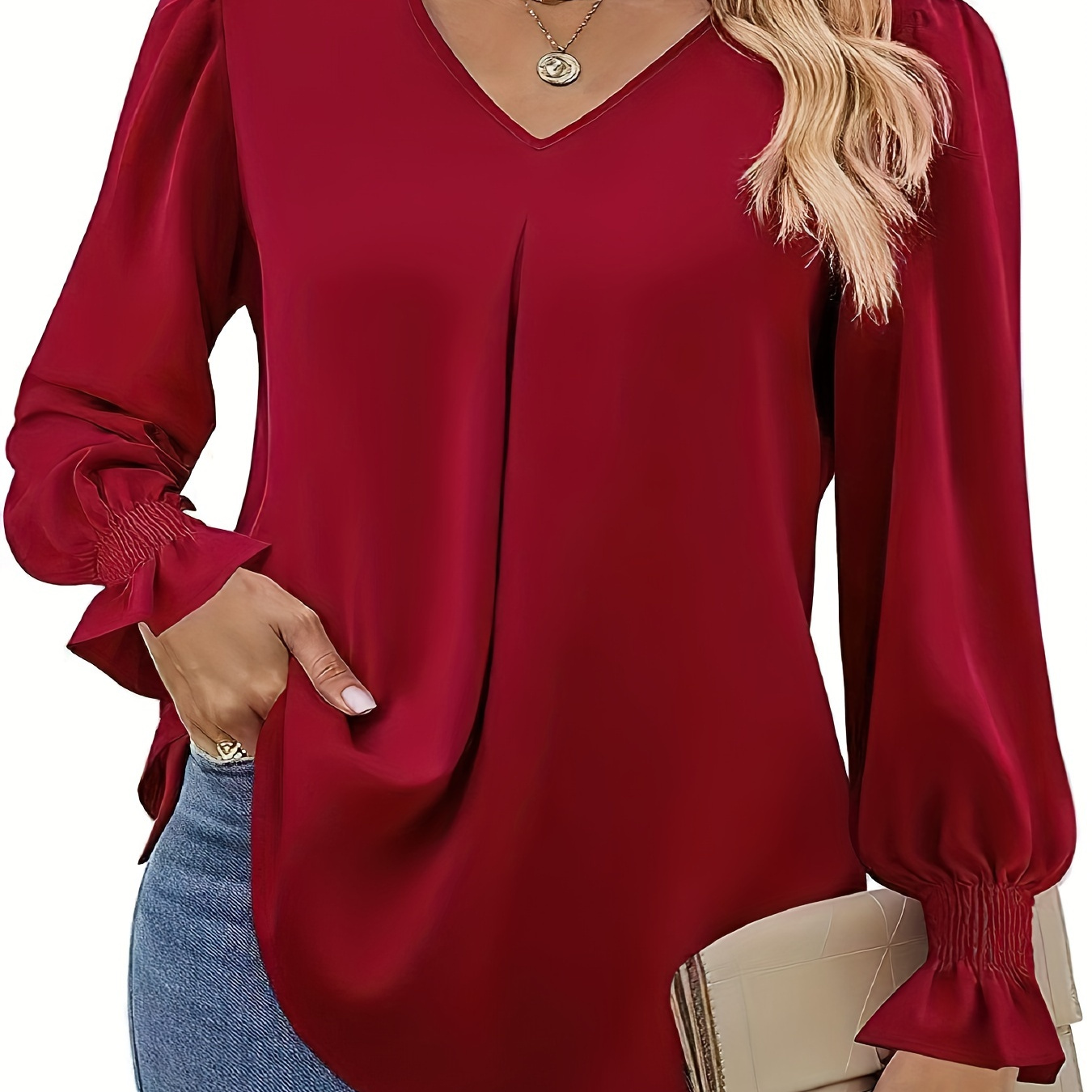 Solid V-neck Simple Blouse, Versatile Lantern Sleeve Blouse For Spring & Fall, Women's Clothing
Solid V-neck Simple Blouse, Versatile Lantern Sleeve Blouse For Spring & Fall, Women's Clothing