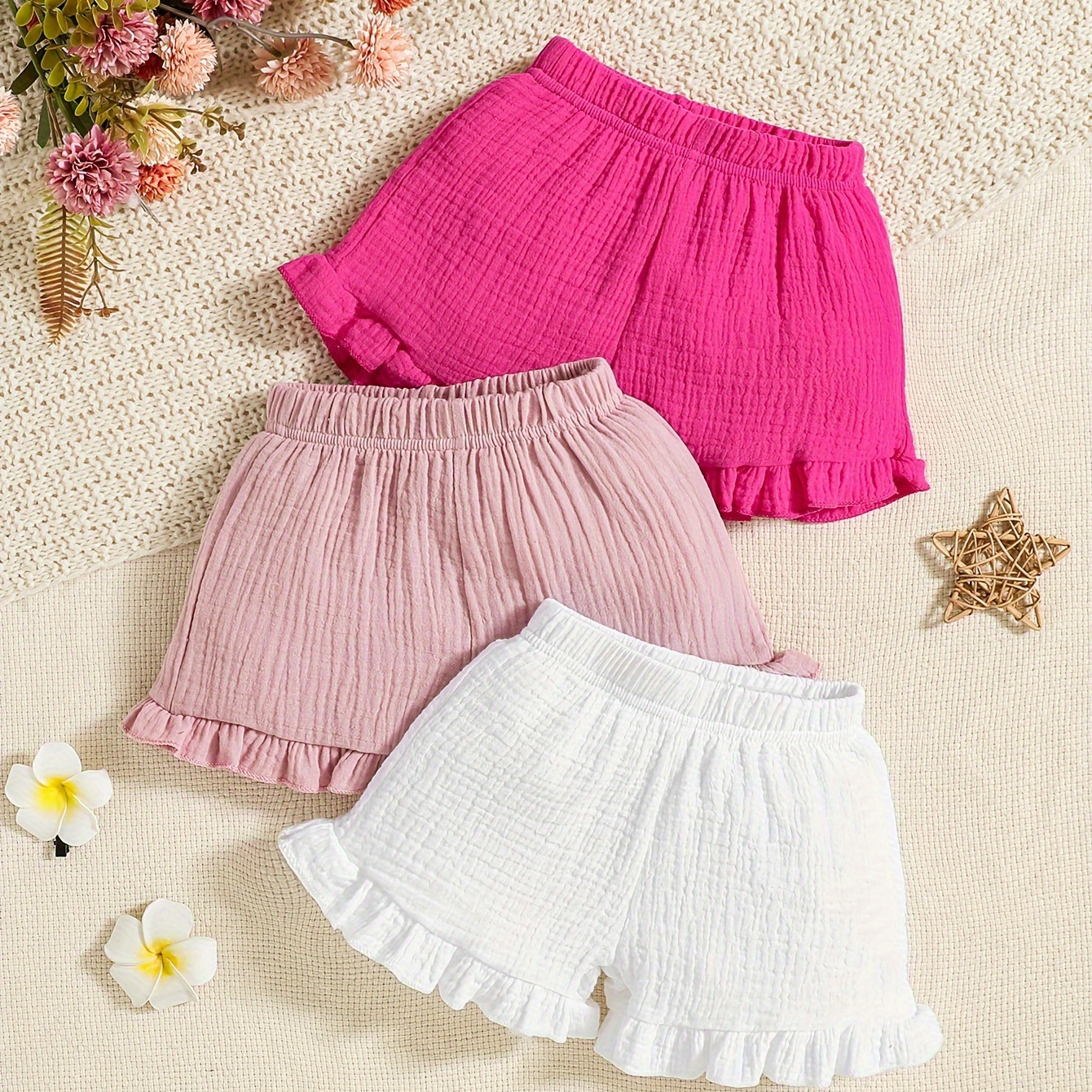 3pcs Infant & Toddler's Ruffle Trim Shorts, Comfy Cotton Muslin Elastic Waist Bottoms, Baby Girl's Clothing For Summer
3pcs Infant & Toddler's Ruffle Trim Shorts, Comfy Cotton Muslin Elastic Waist Bottoms, Baby Girl's Clothing For Summer