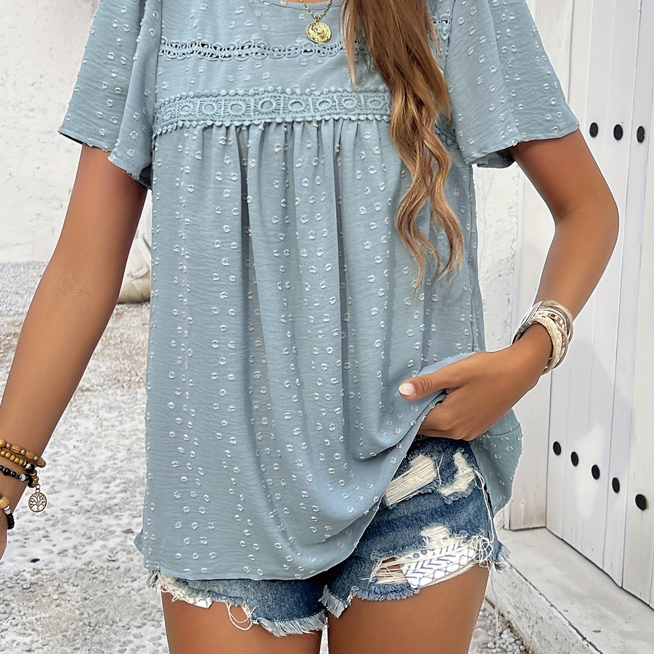 Lace Splicing Crew Neck Blouse, Casual Short Sleeve Top For Spring & Summer, Women's Clothing
Lace Splicing Crew Neck Blouse, Casual Short Sleeve Top For Spring & Summer, Women's Clothing