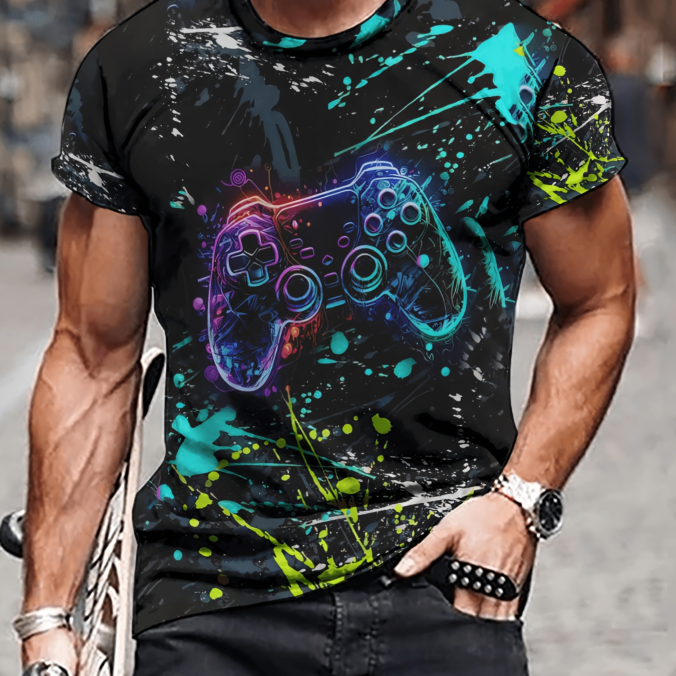 Men's Novelty Graphic T-shirt With Gaming Controller Print, Casual Crew Neck, 100% Polyester Knit Fabric With Slight Stretch - Regular Fit
Men's Novelty Graphic T-shirt With Gaming Controller Print, Casual Crew Neck, 100% Polyester Knit Fabric With Slight Stretch - Regular Fit