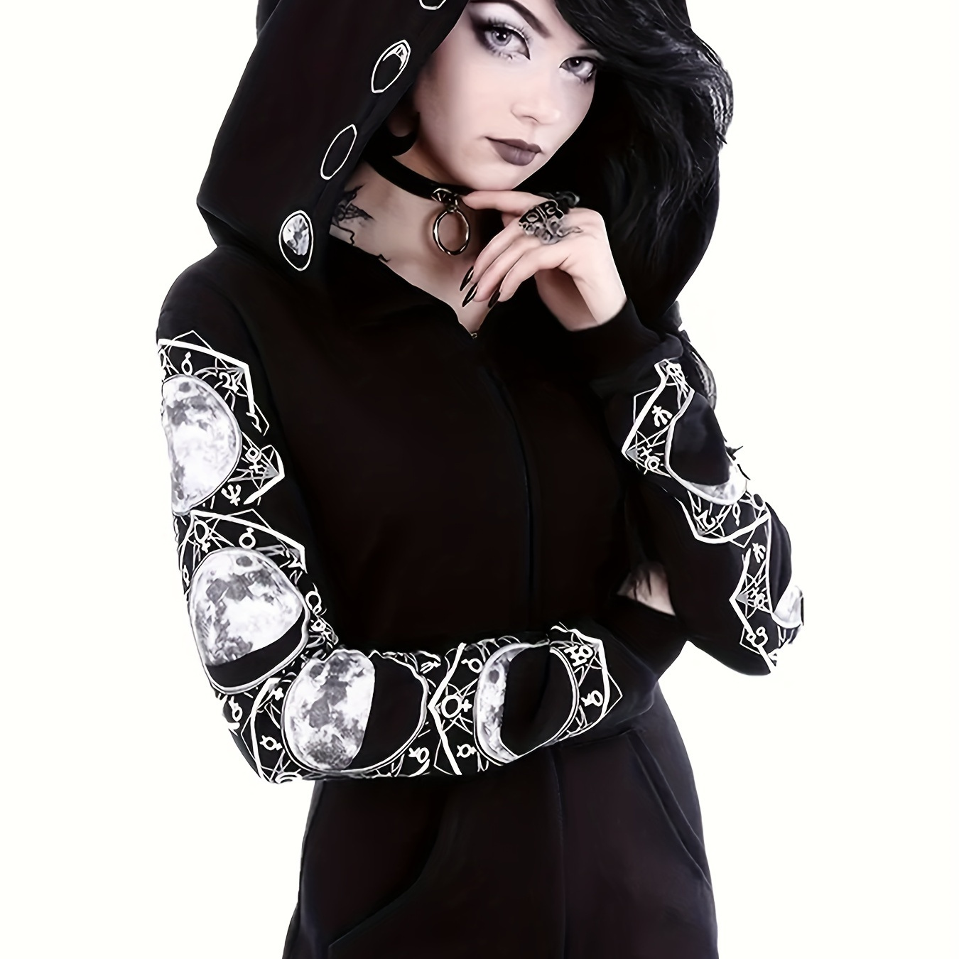 Plus Size Gothic Sweatshirt, Women's Plus Moon Print Long Sleeve Zipper Slight Stretch Hoodie With Pockets
Plus Size Gothic Sweatshirt, Women's Plus Moon Print Long Sleeve Zipper Slight Stretch Hoodie With Pockets