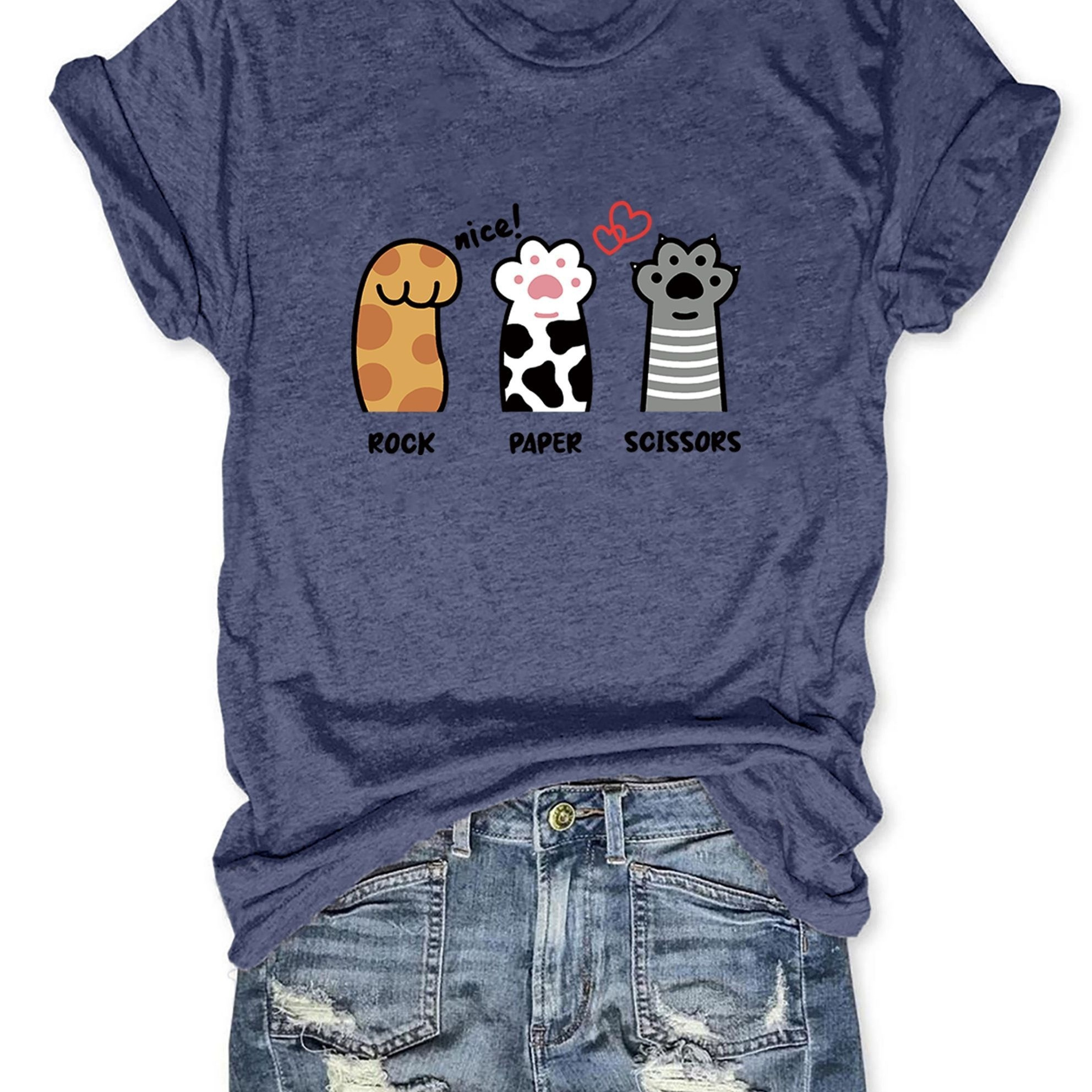 Rock Paper Scissors Print T-shirt, Short Sleeve Crew Neck Casual Top For Summer & Spring, Women's Clothing
Rock Paper Scissors Print T-shirt, Short Sleeve Crew Neck Casual Top For Summer & Spring, Women's Clothing